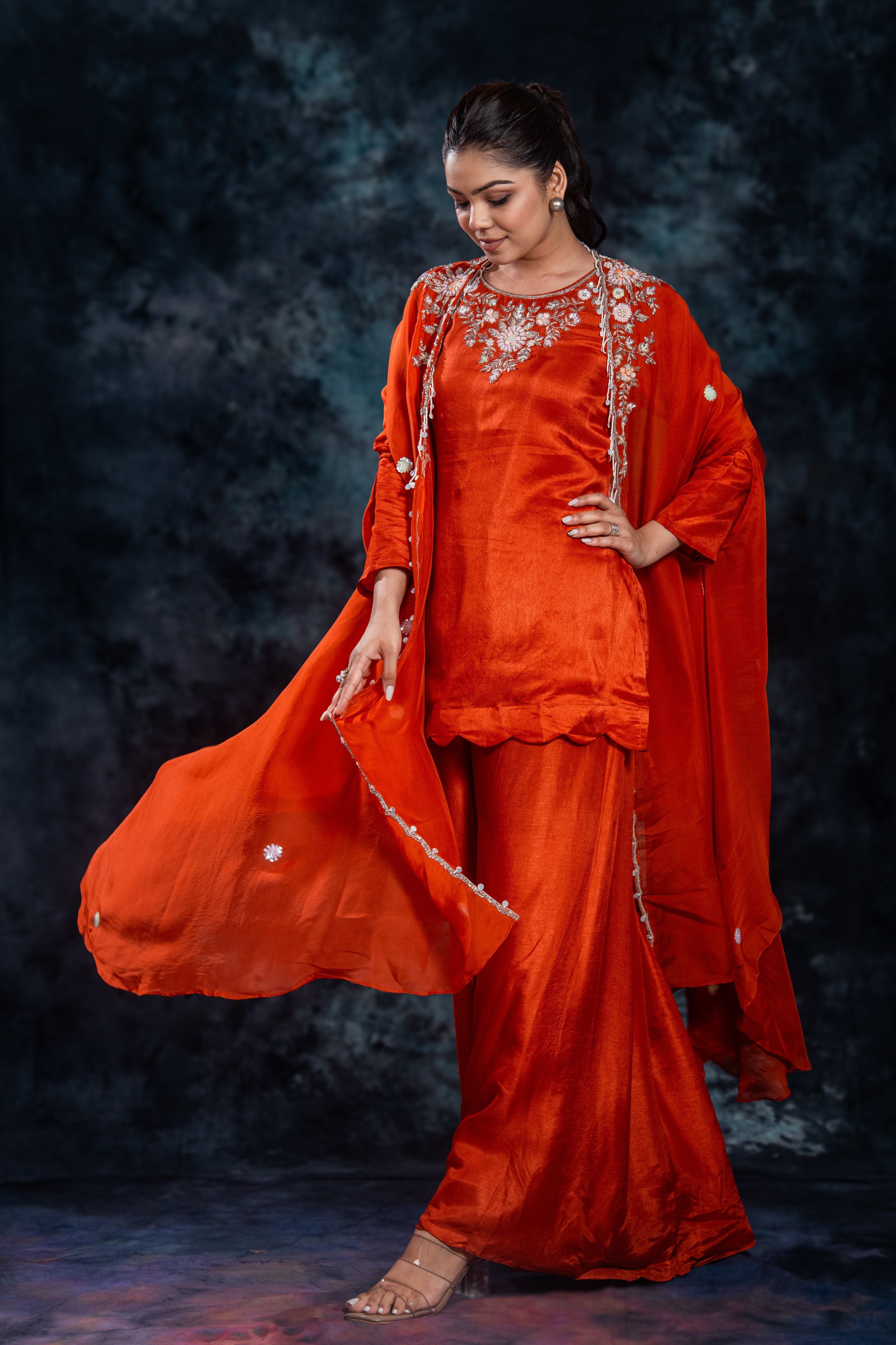 Orange Embellished Organza Silk Cape Set