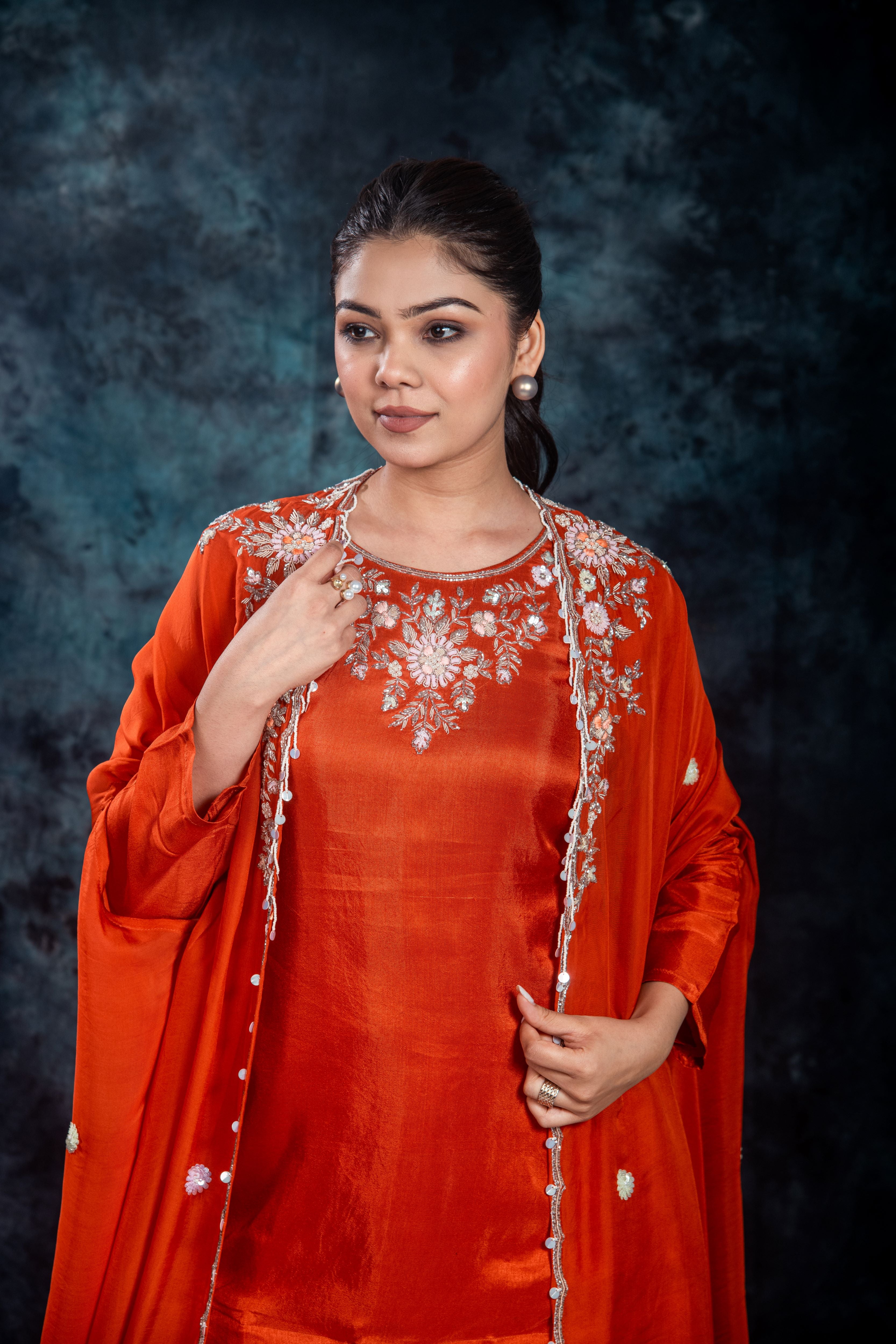 Orange Embellished Organza Silk Cape Set
