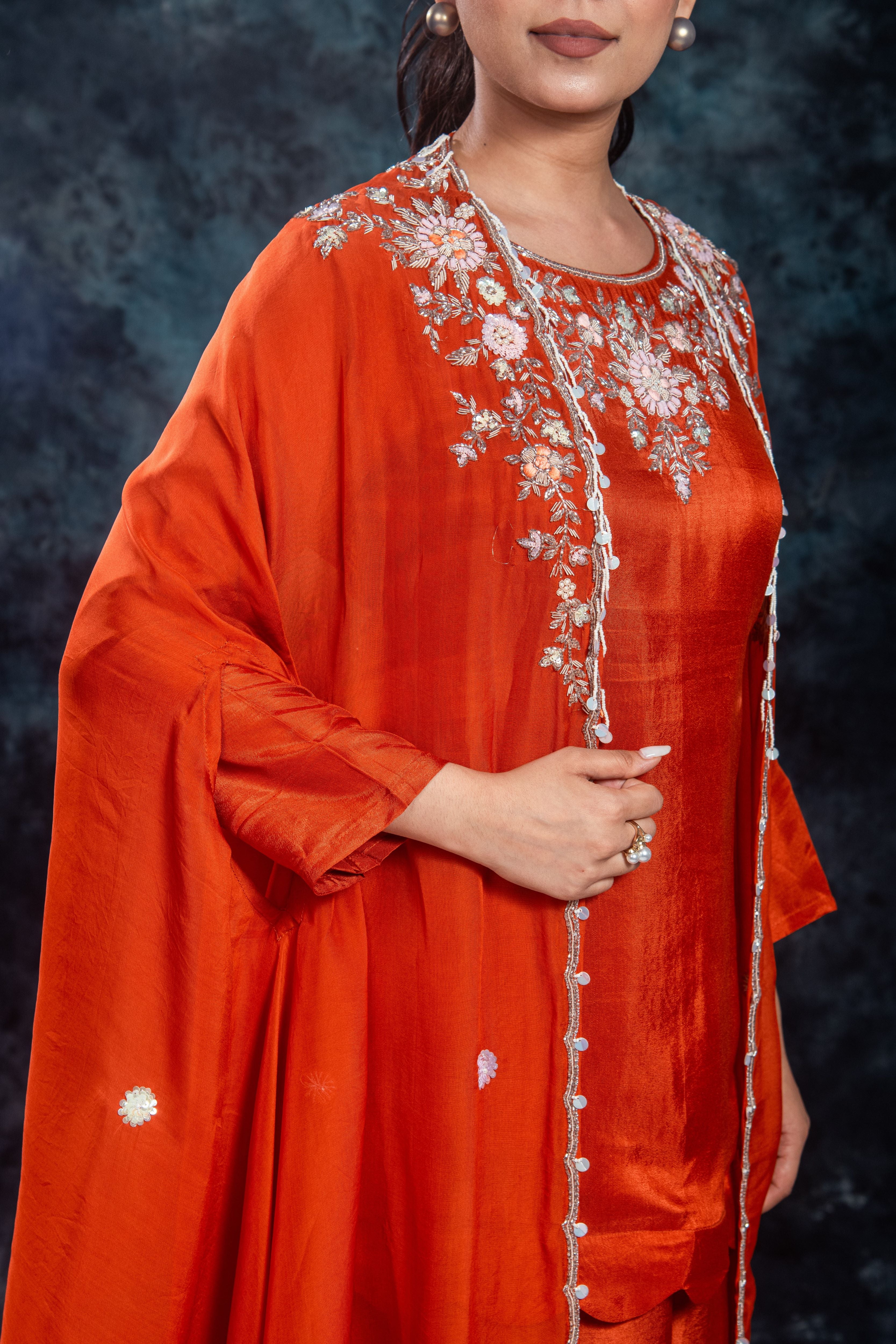 Orange Embellished Organza Silk Cape Set