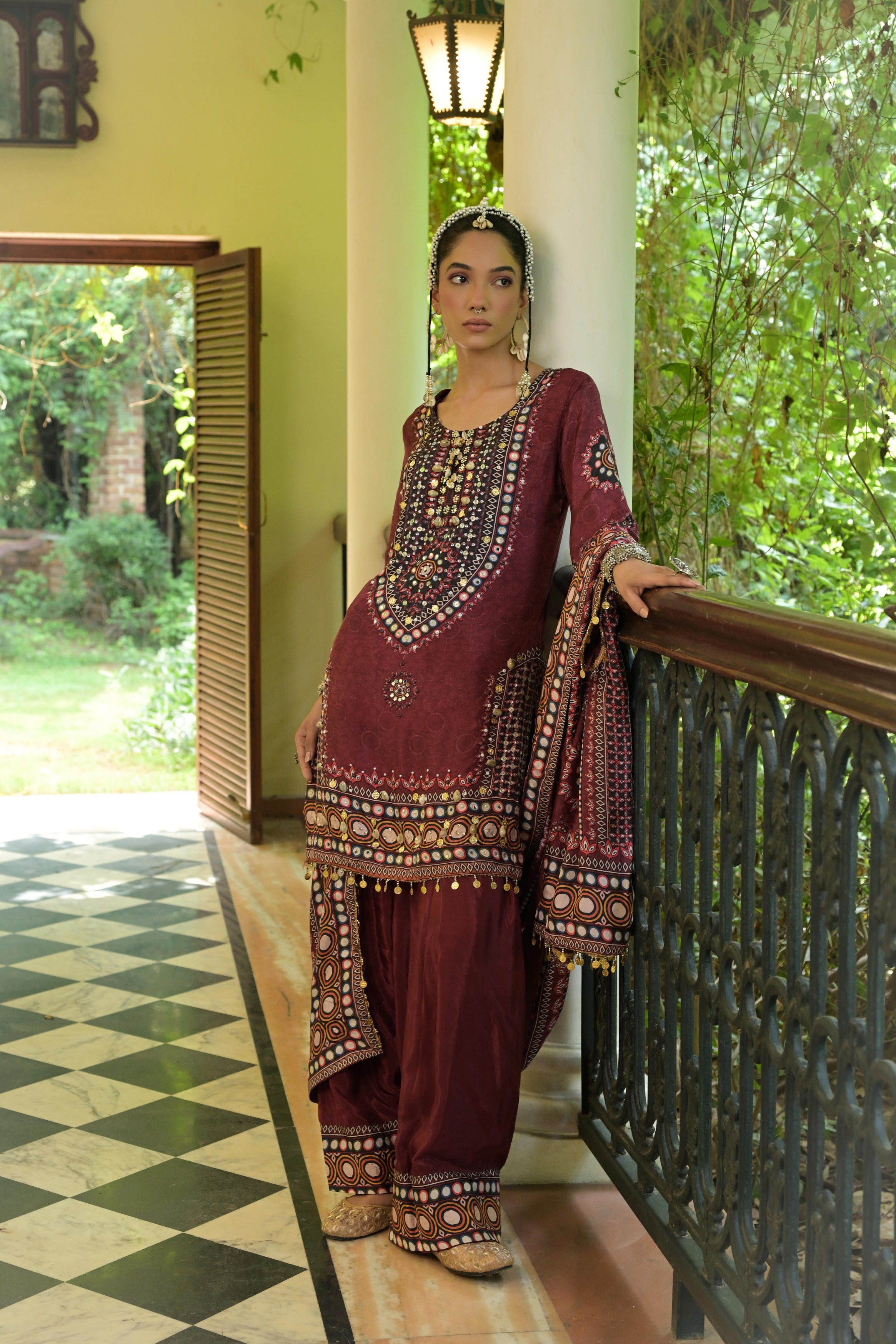 Deep Maroon Printed Crepe Silk Salwar Set