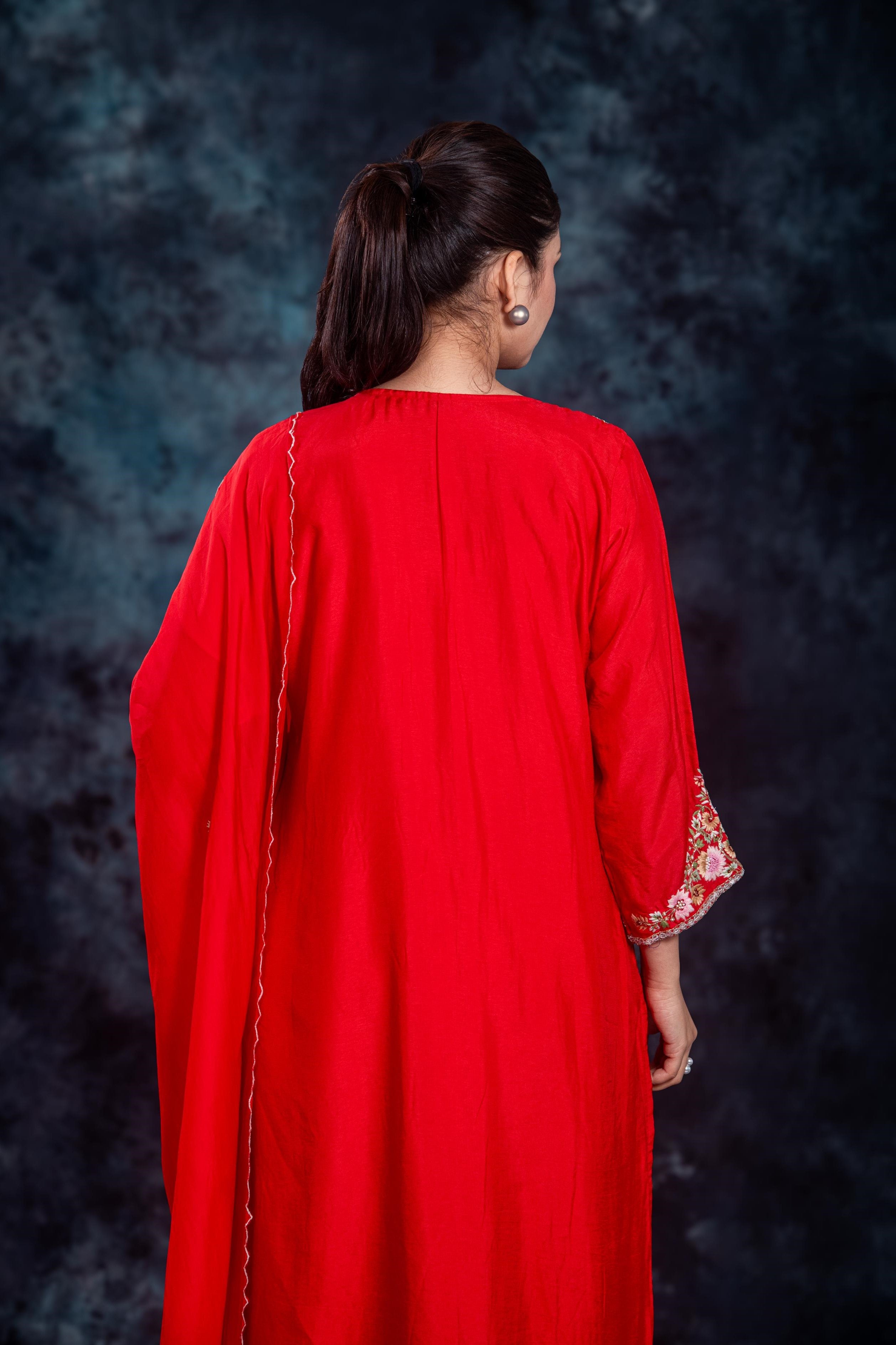 Red Embroidered Premium Silk Pants Set