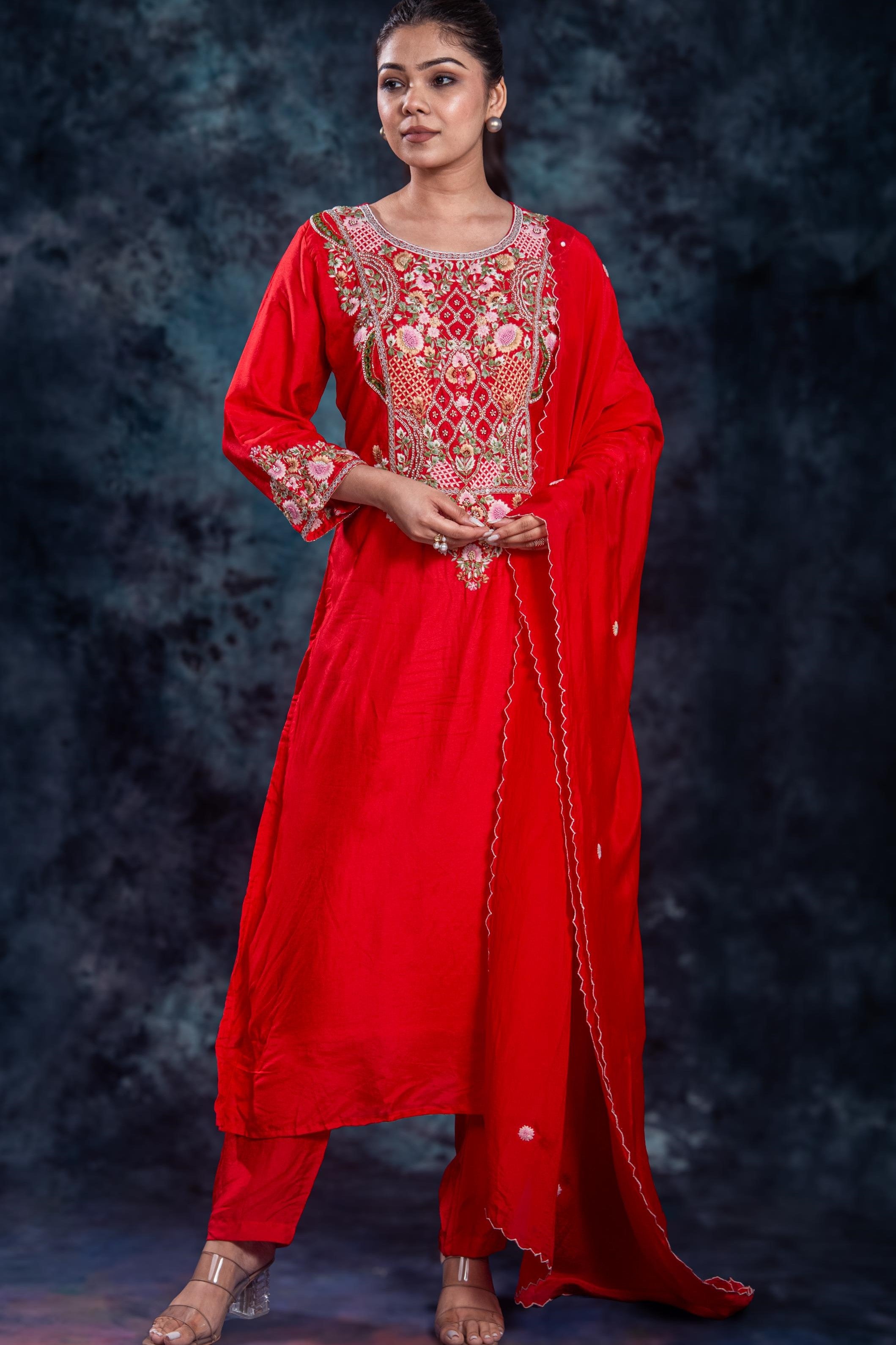 Red Embroidered Premium Silk Pants Set