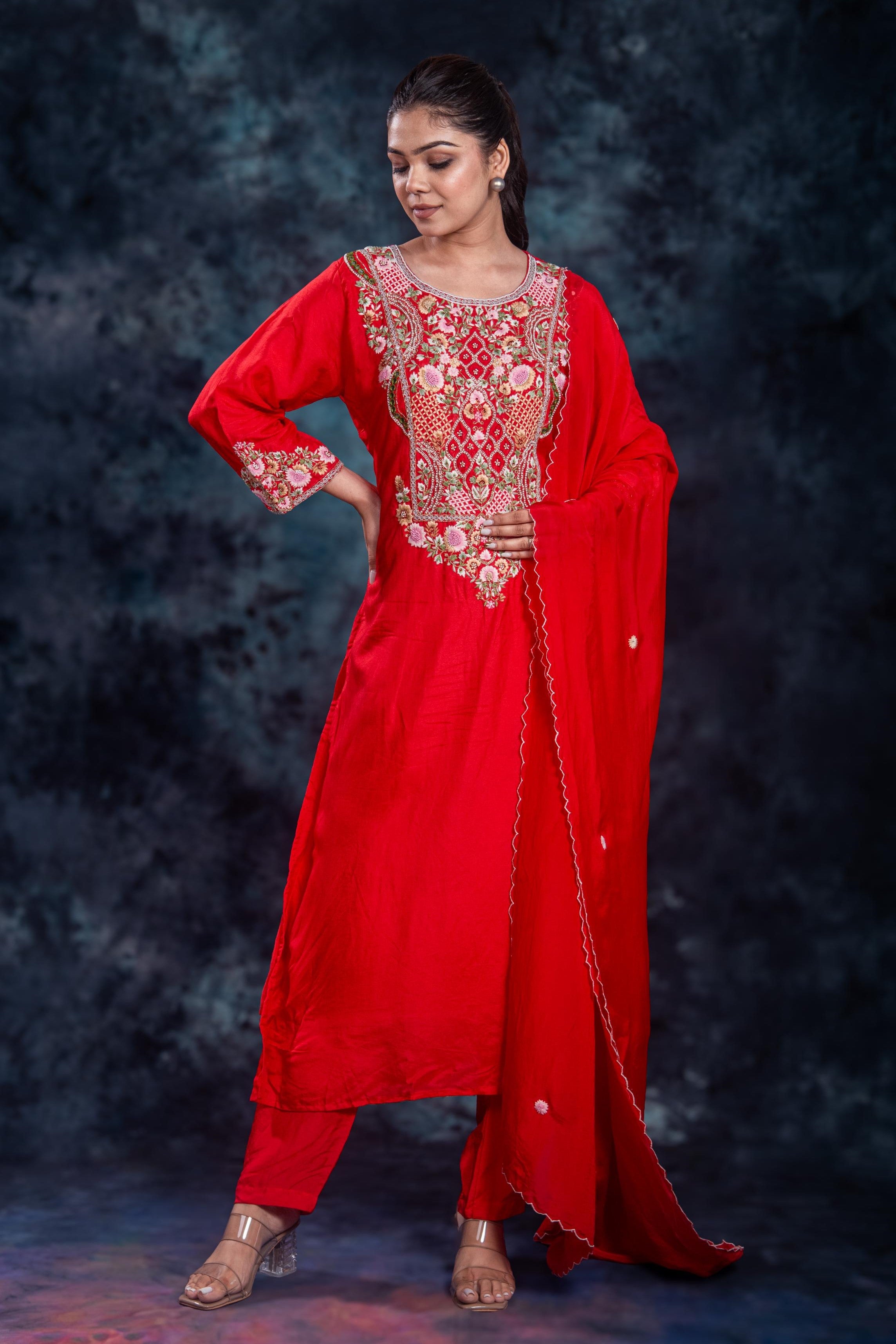 Red Embroidered Premium Silk Pants Set