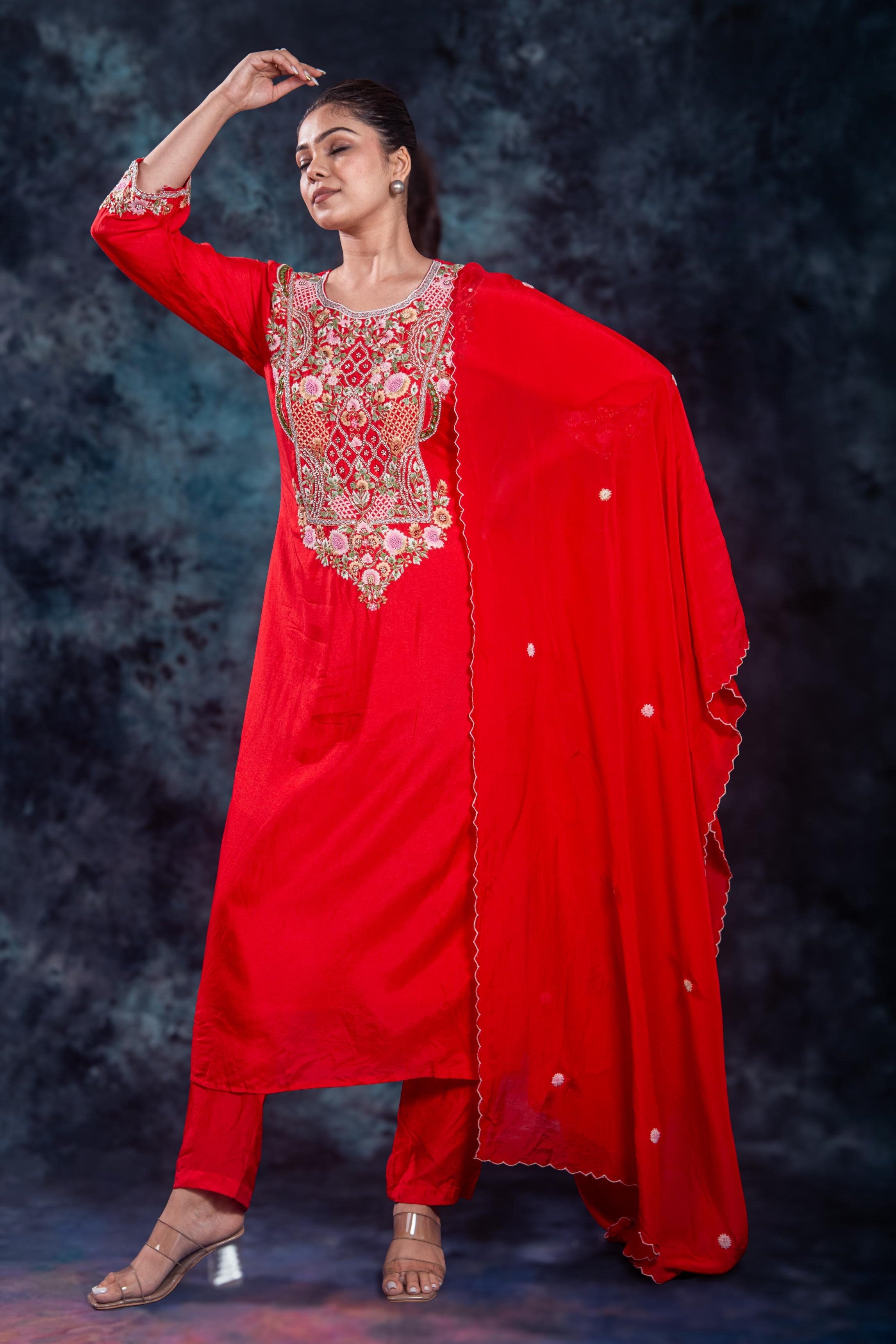 Red Embroidered Premium Silk Pants Set