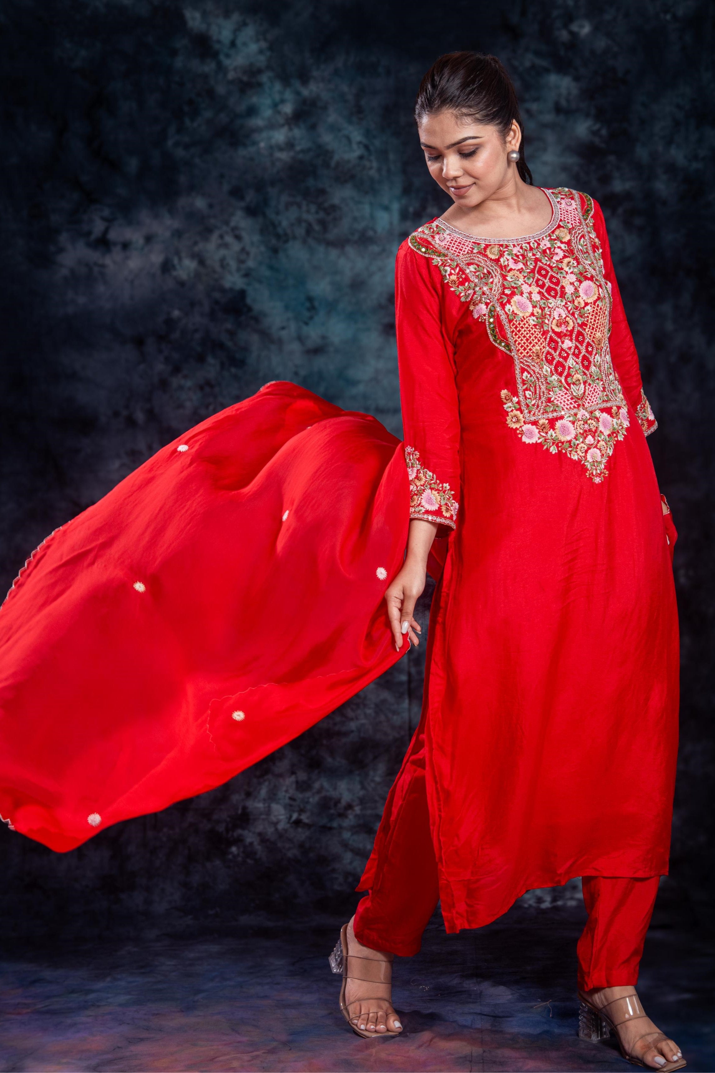 Red Embroidered Premium Silk Pants Set