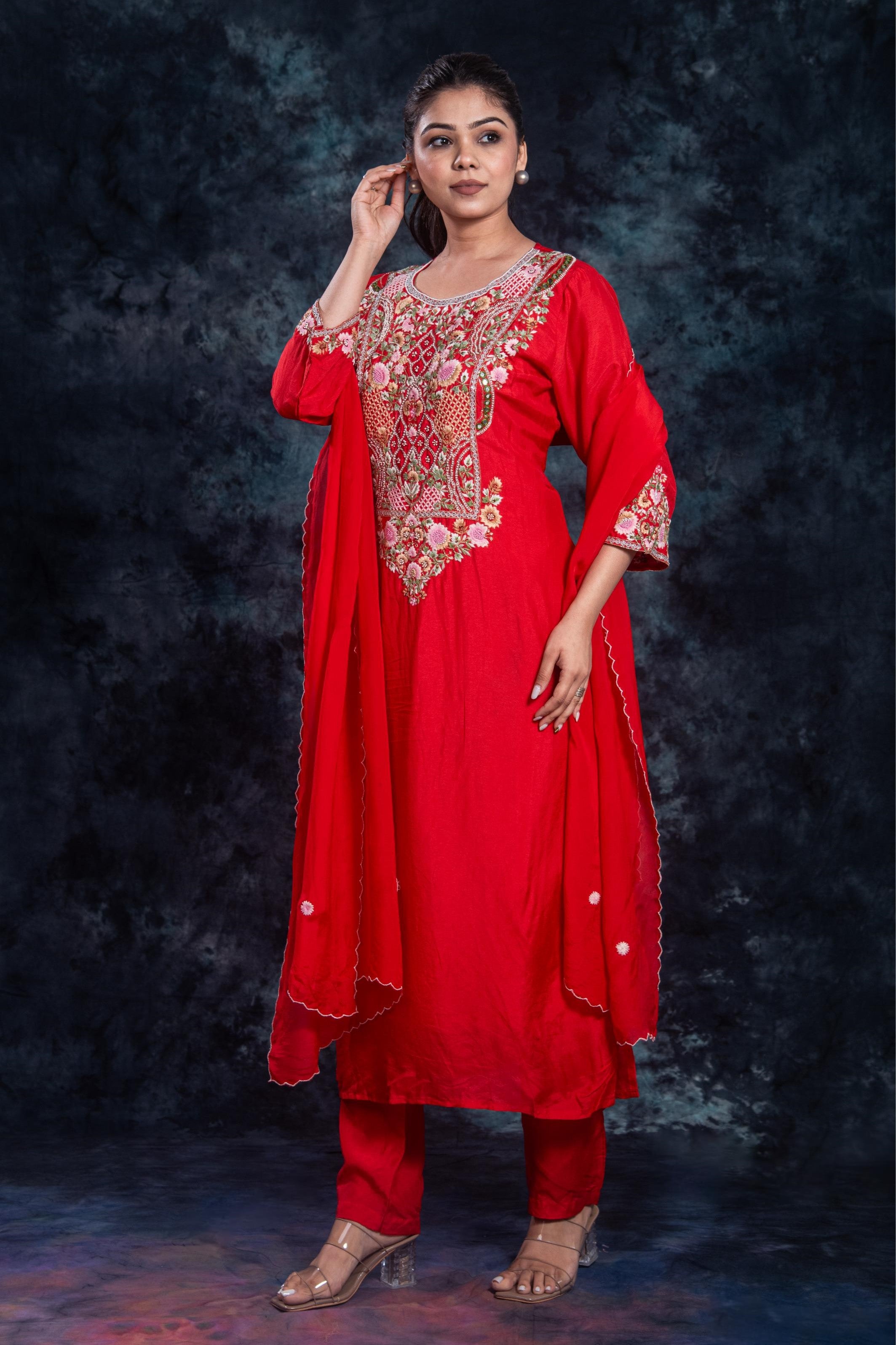 Red Embroidered Premium Silk Pants Set