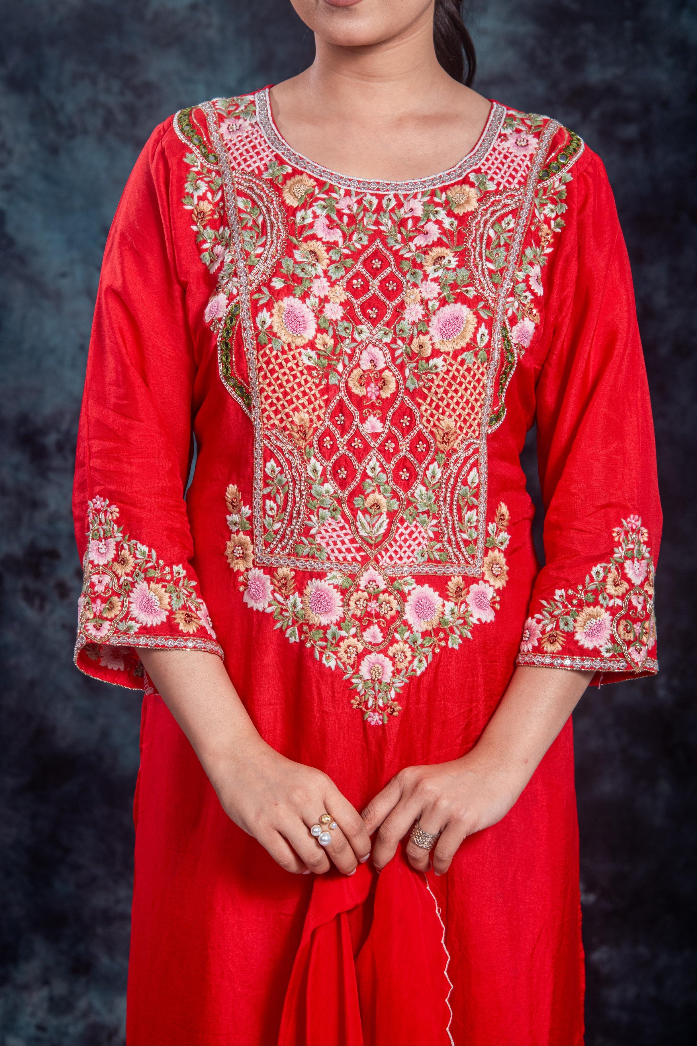 Red Embroidered Premium Silk Pants Set