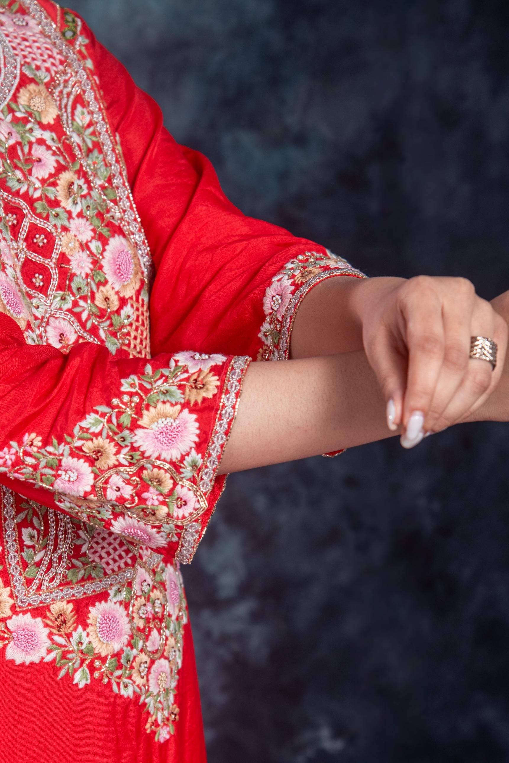 Red Embroidered Premium Silk Pants Set