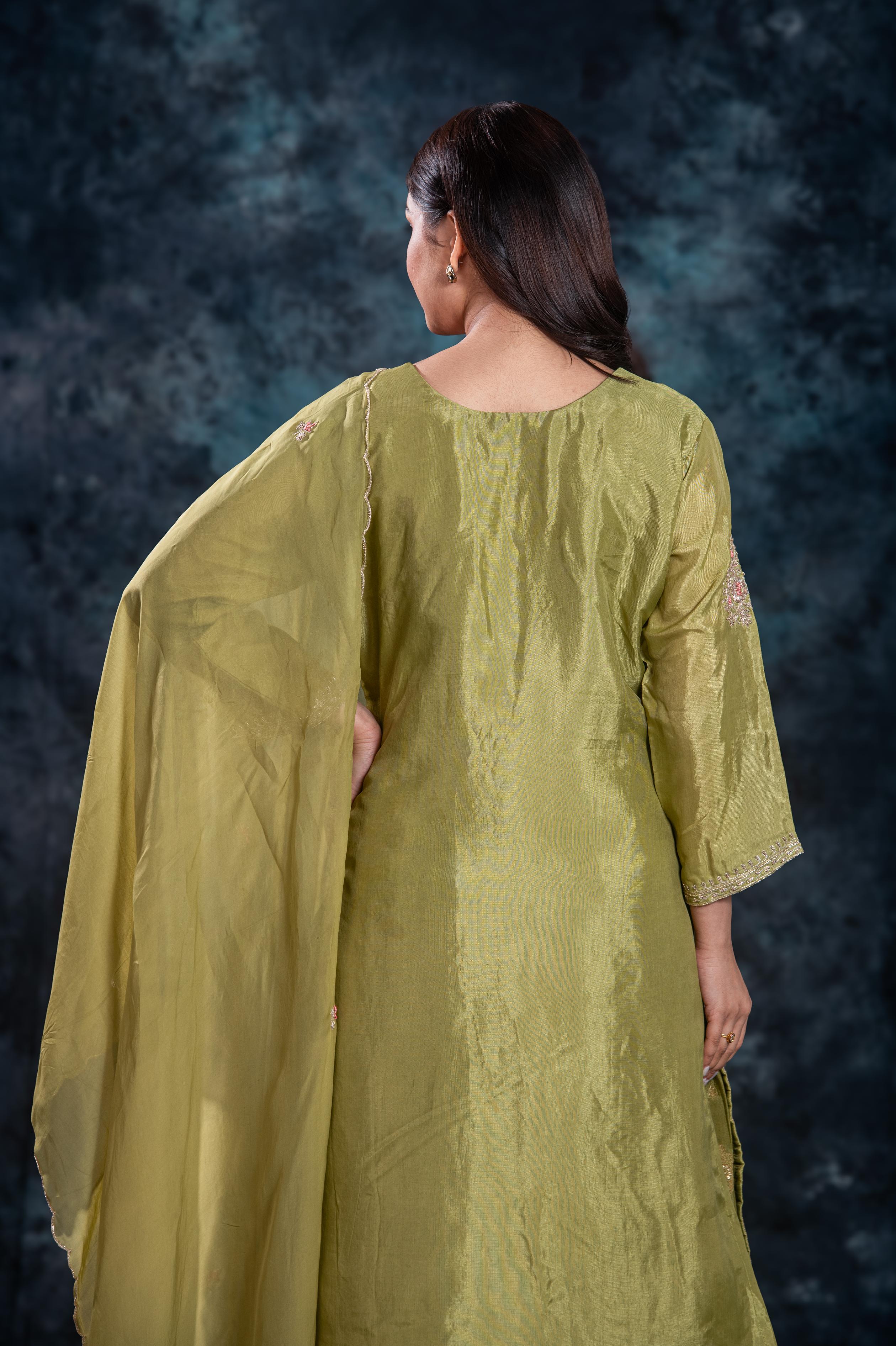 Green Embellished Premium Silk Skirt Set