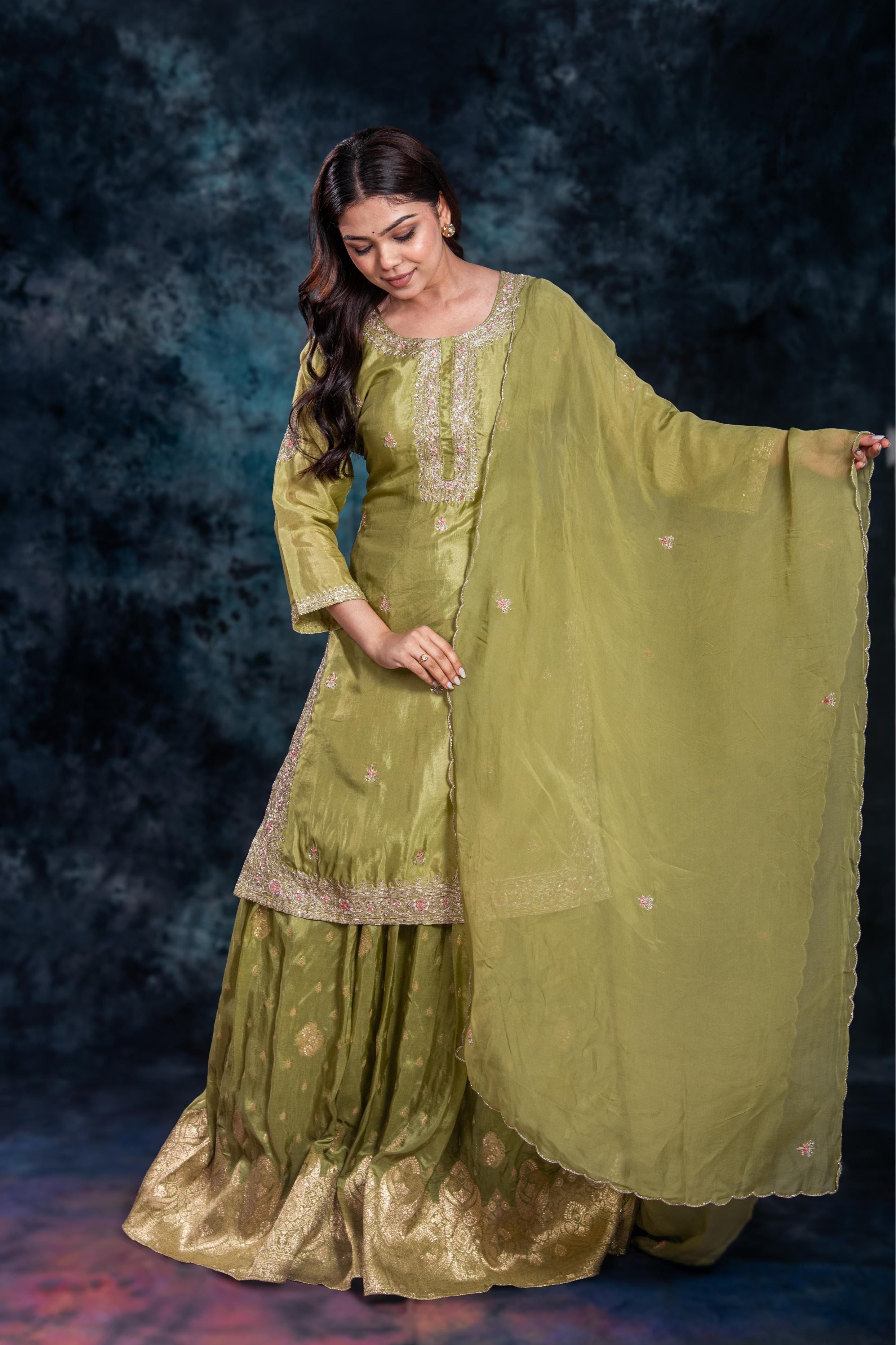 Green Embellished Premium Silk Skirt Set