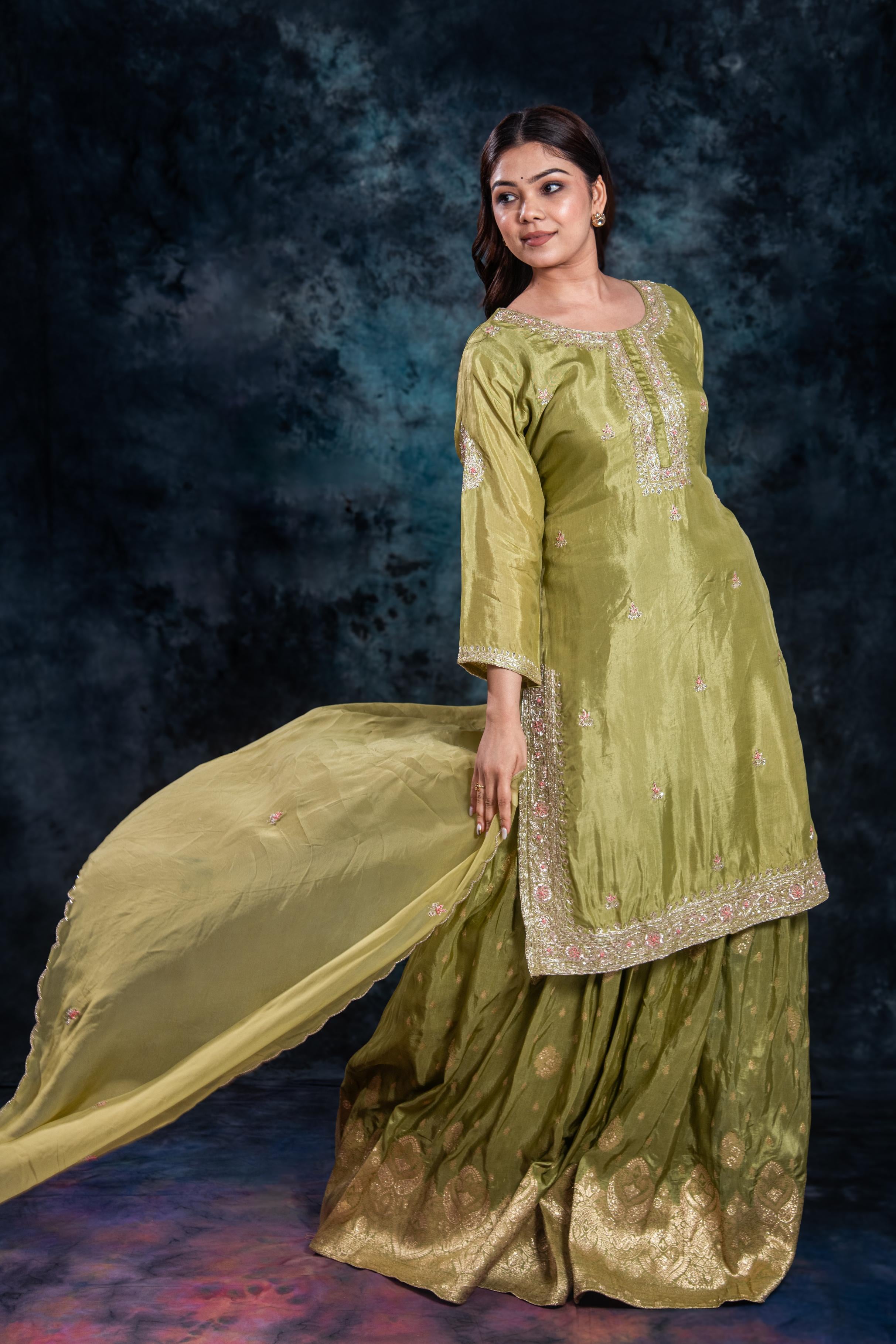Green Embellished Premium Silk Skirt Set