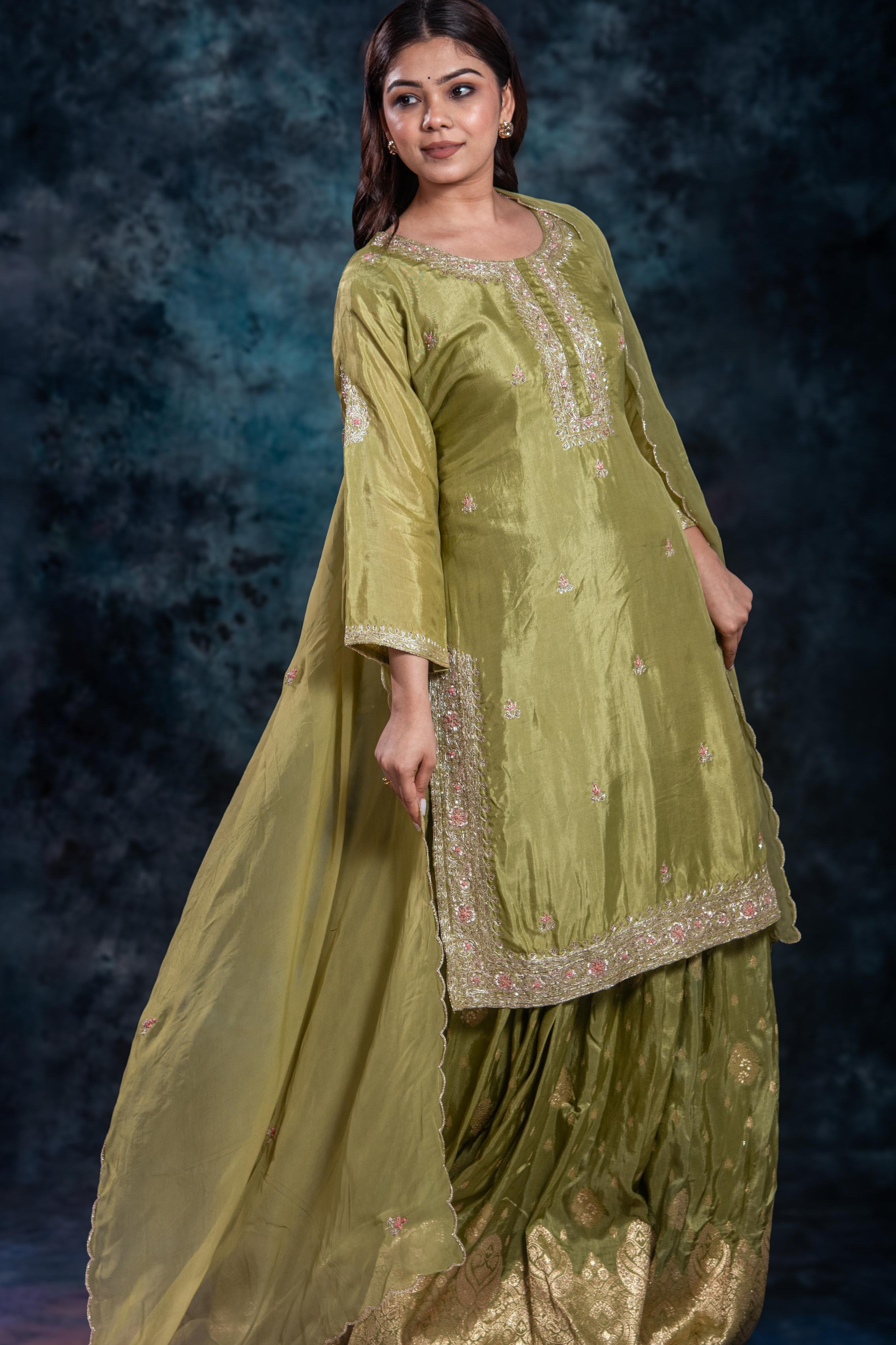 Green Embellished Premium Silk Skirt Set