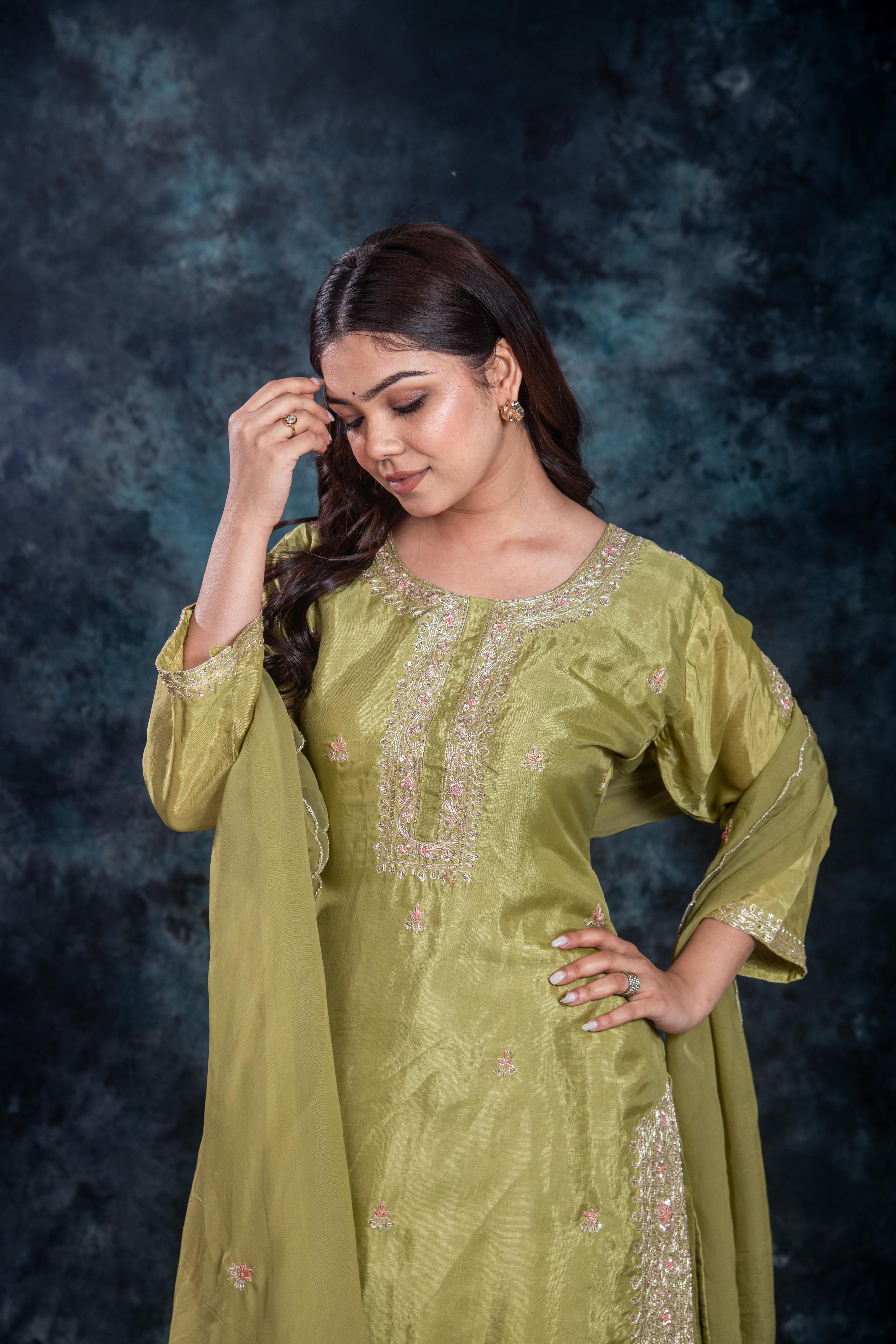 Green Embellished Premium Silk Skirt Set
