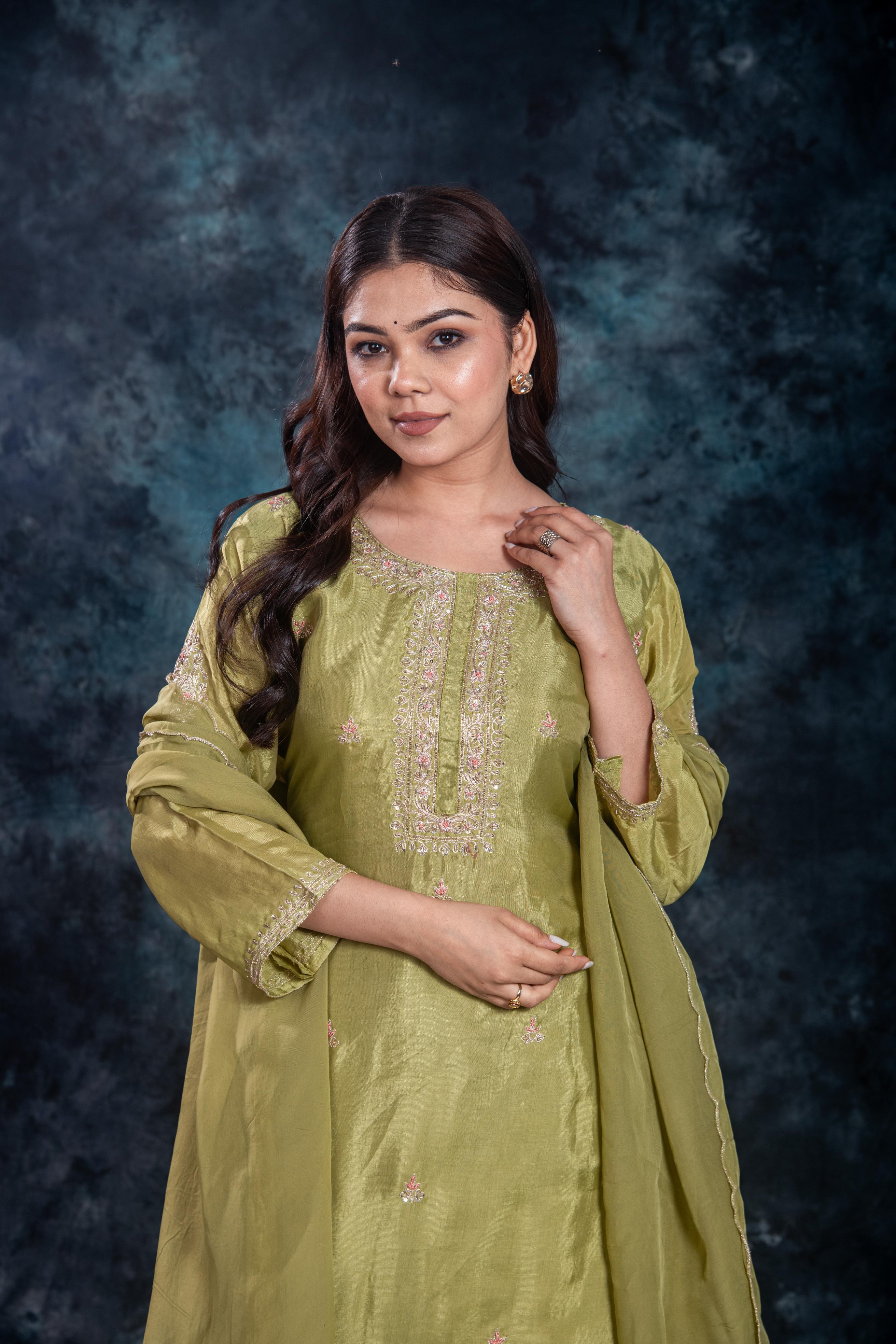 Green Embellished Premium Silk Skirt Set