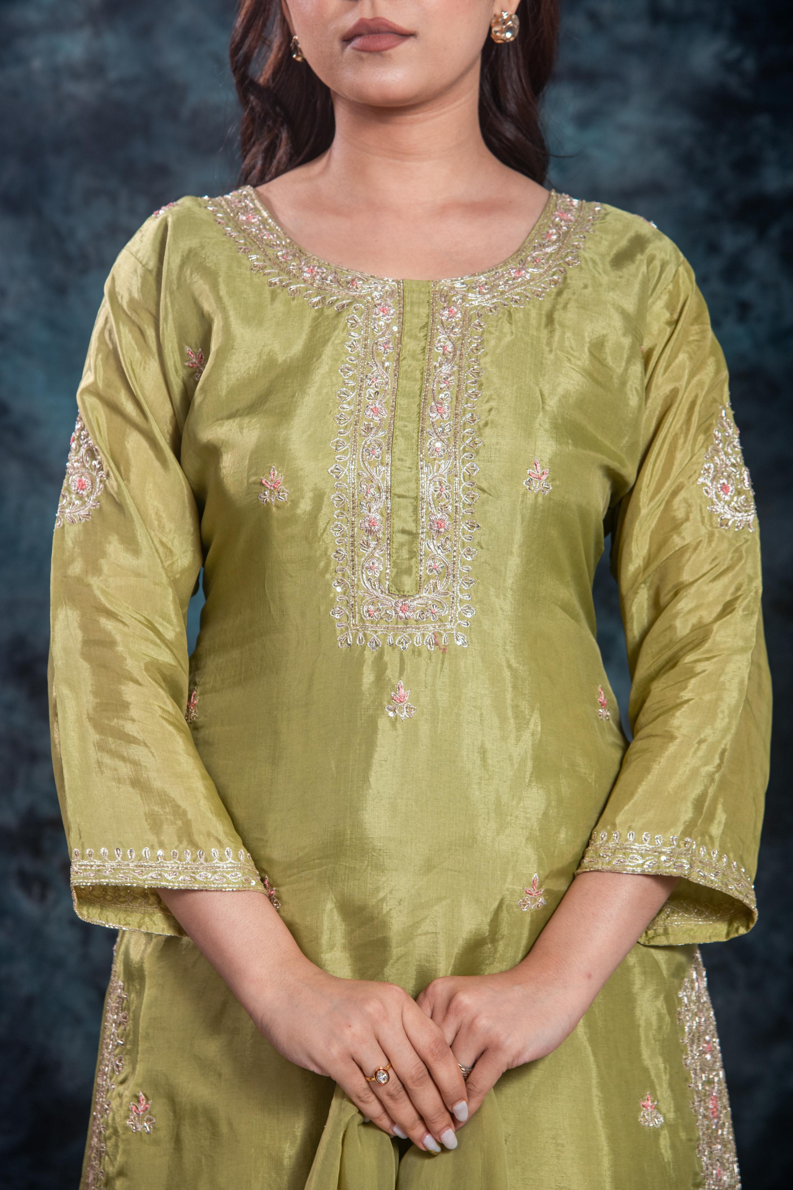 Green Embellished Premium Silk Skirt Set