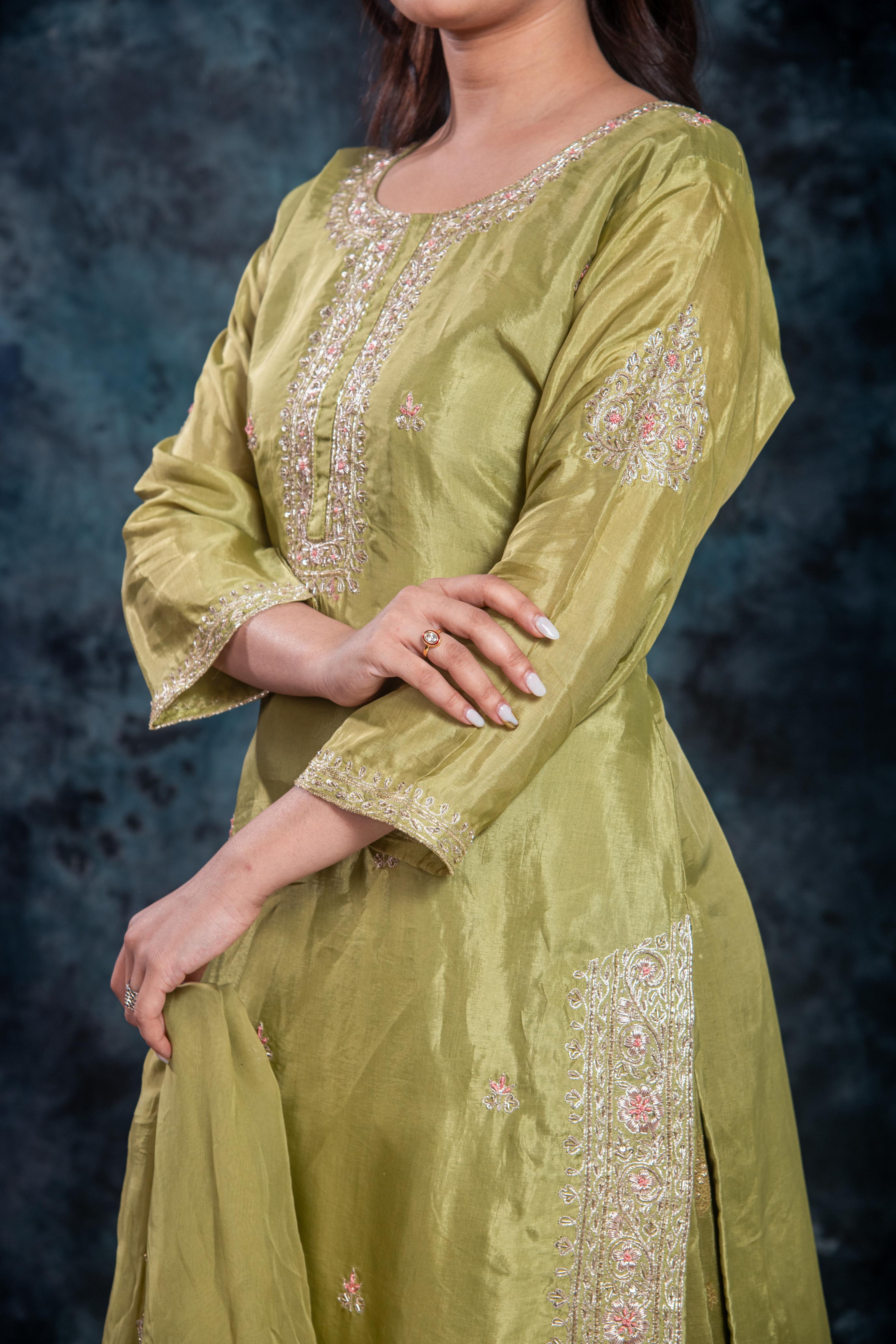 Green Embellished Premium Silk Skirt Set