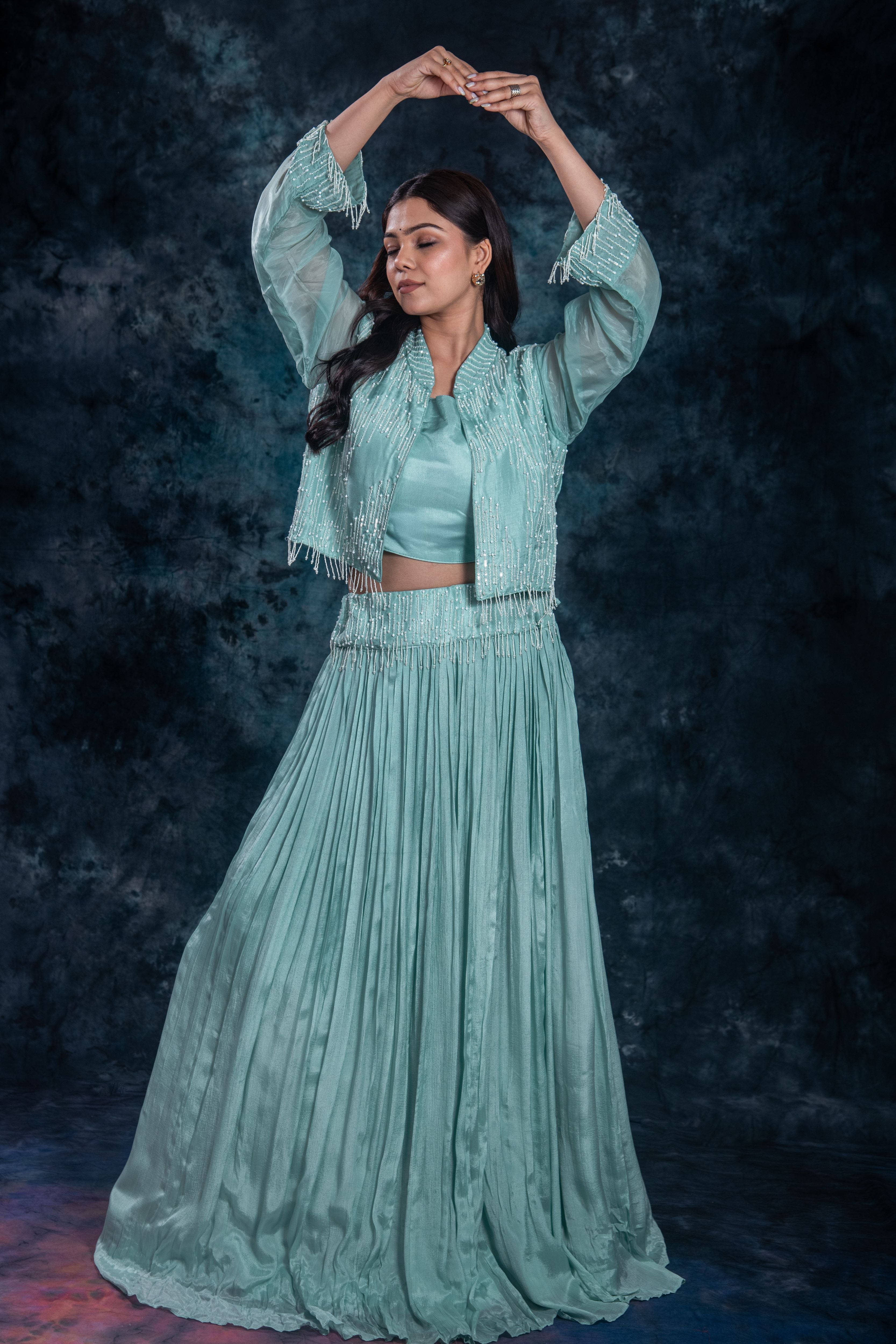 Dark Turquoise Embellished Chinon Silk Skirt Set