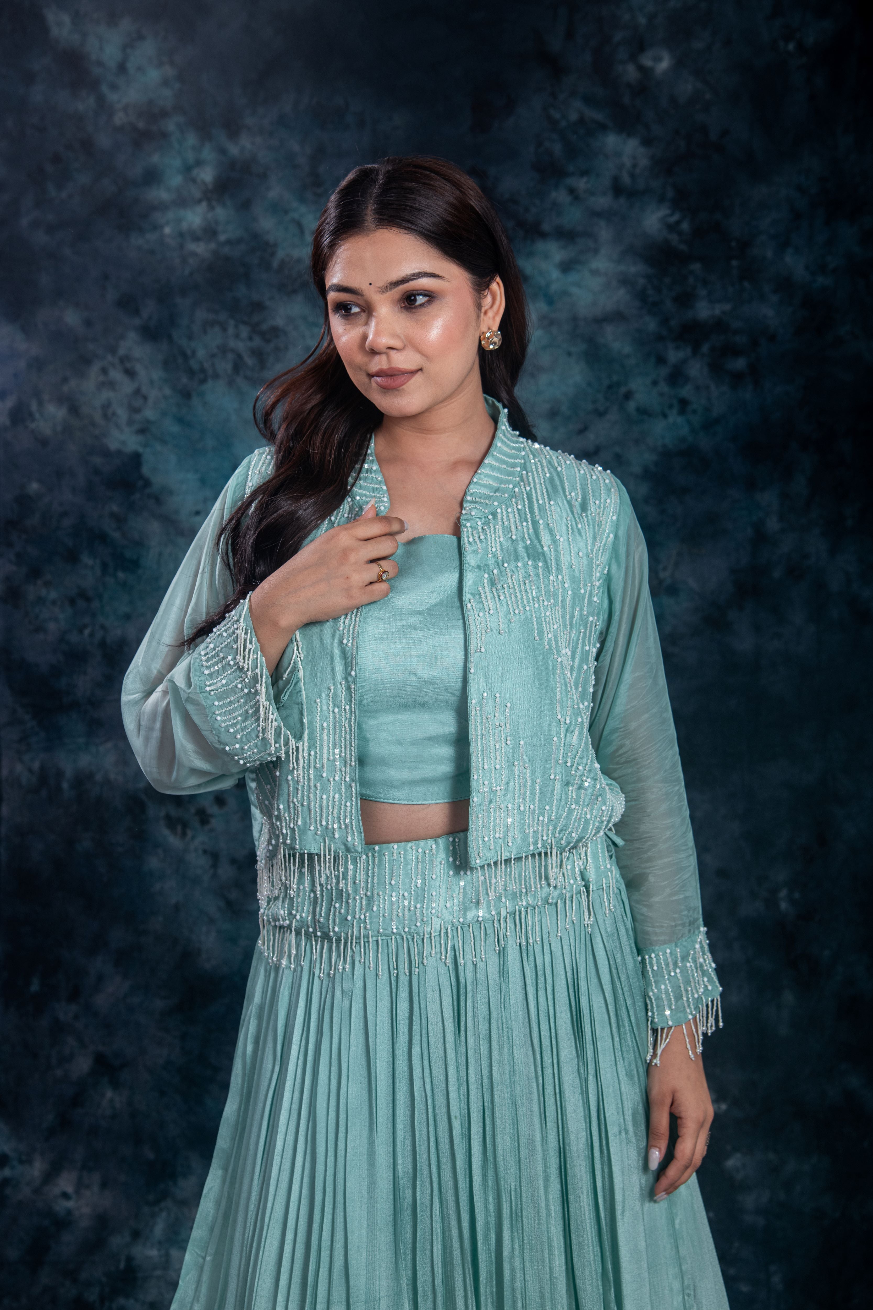 Dark Turquoise Embellished Chinon Silk Skirt Set