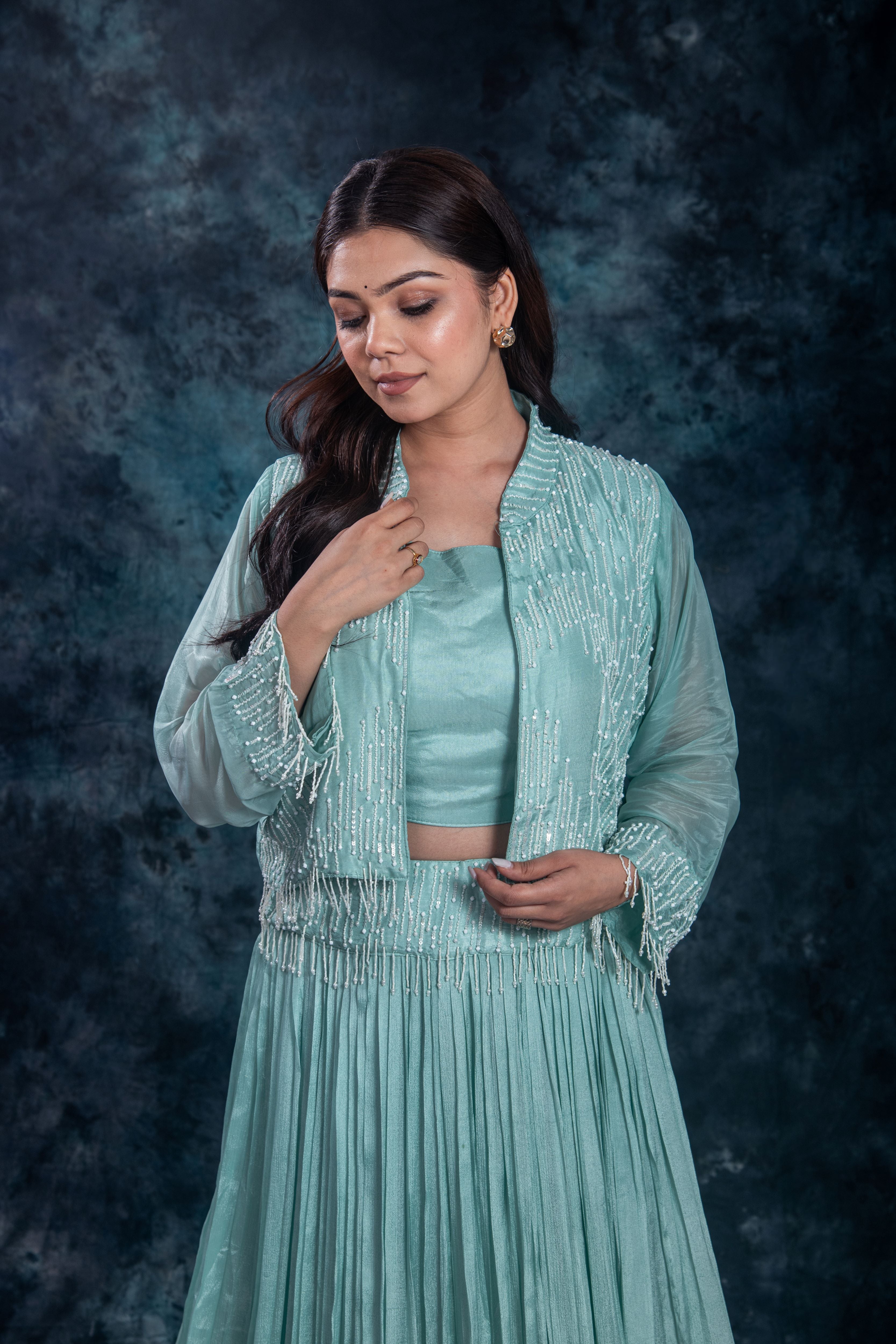 Dark Turquoise Embellished Chinon Silk Skirt Set