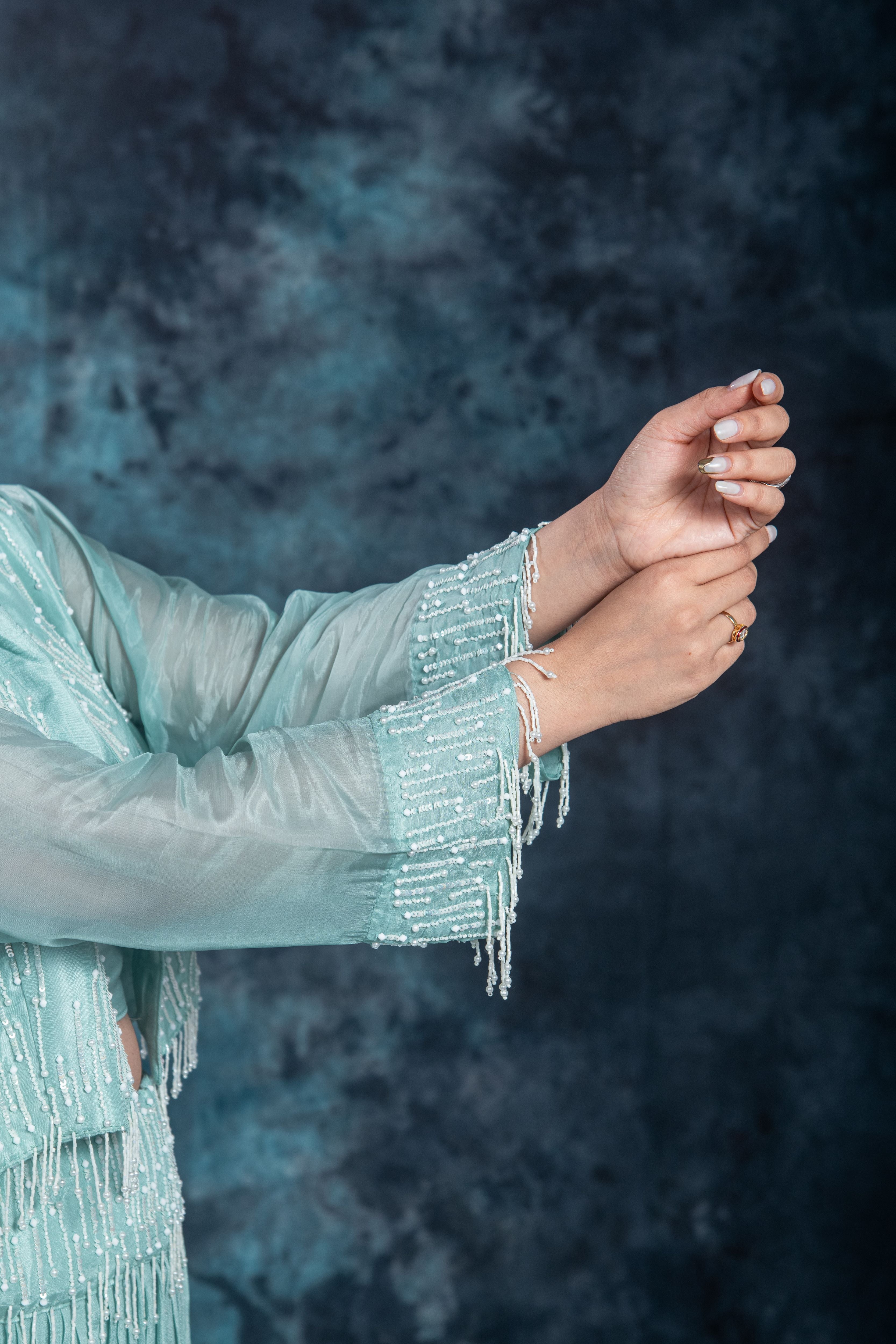 Dark Turquoise Embellished Chinon Silk Skirt Set