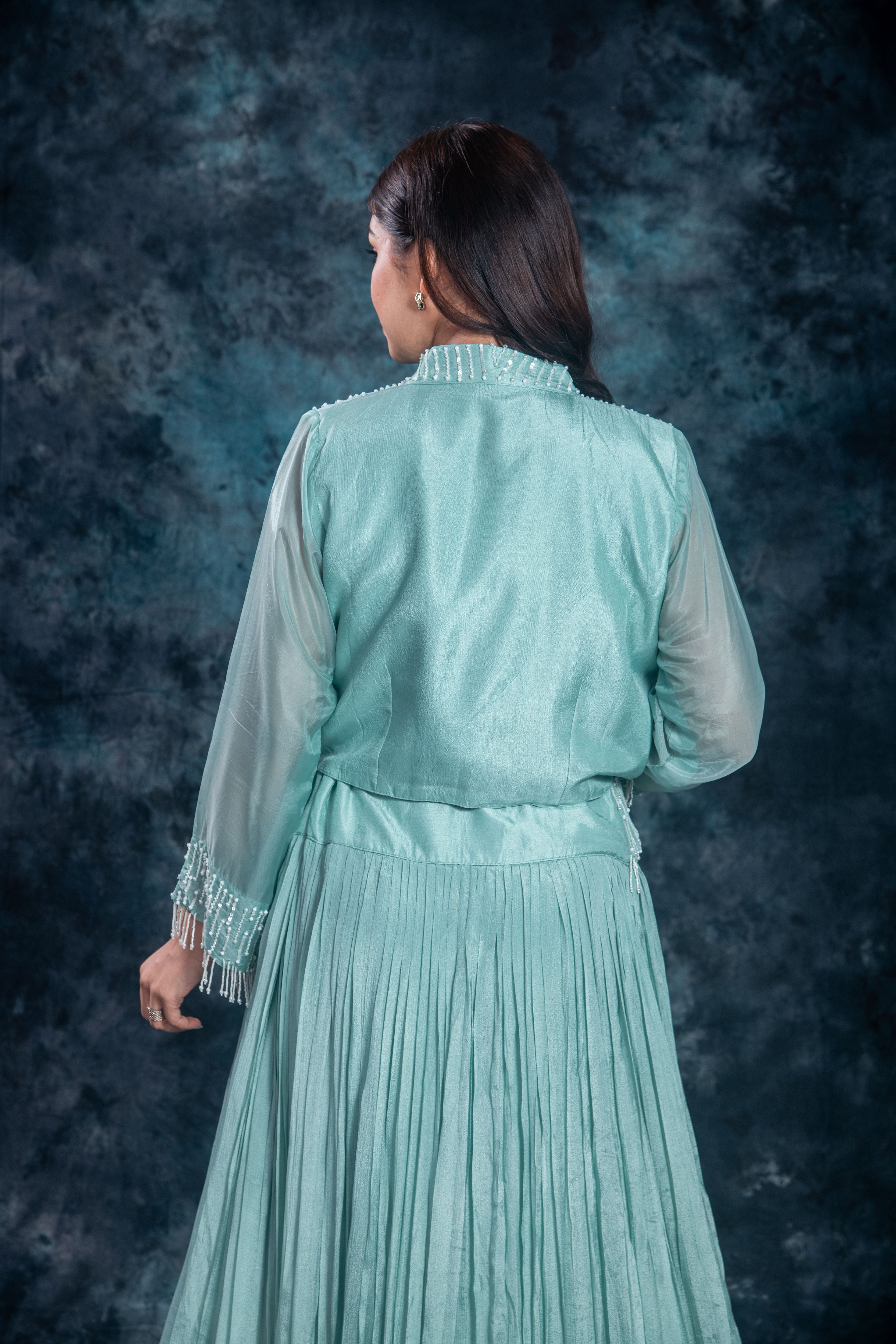 Dark Turquoise Embellished Chinon Silk Skirt Set