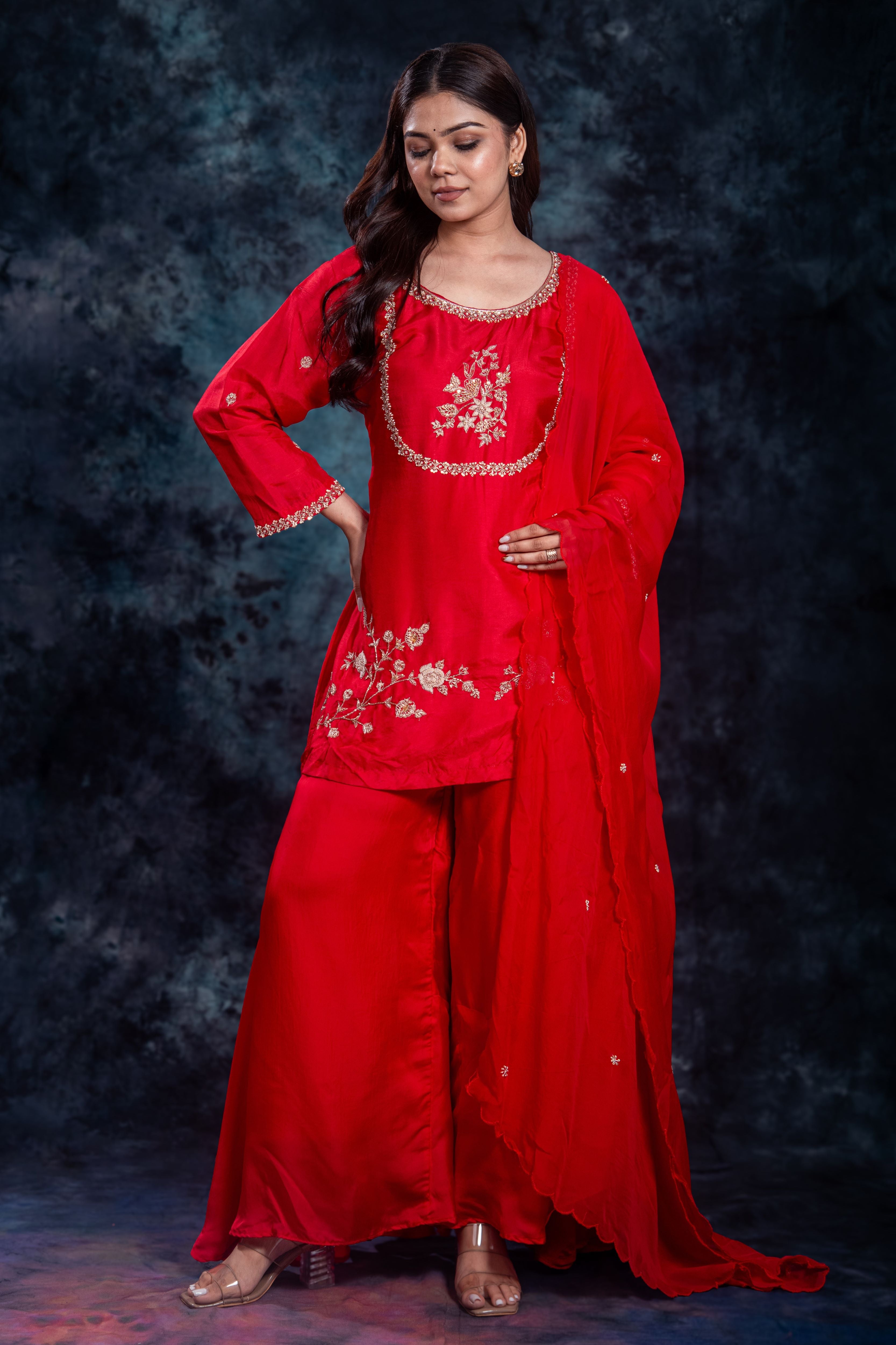 Red Embellished Premium Silk Palazzo Set