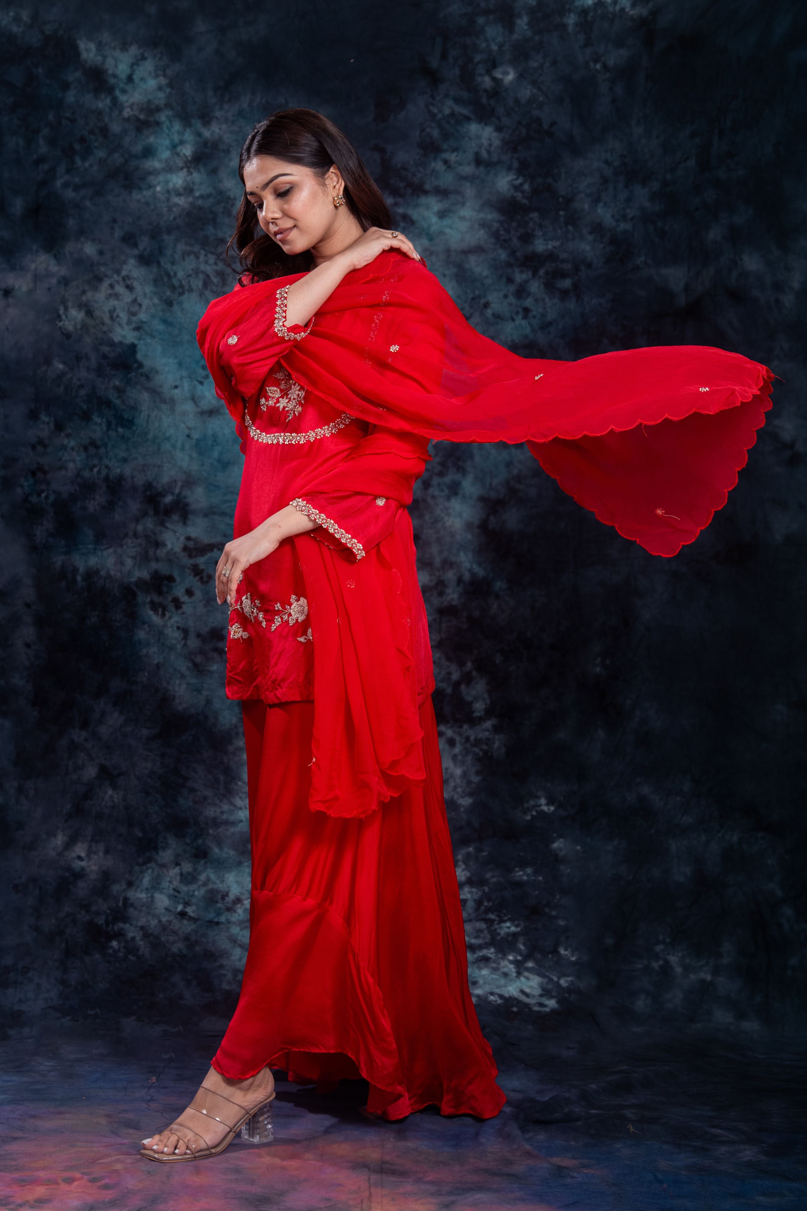 Red Embellished Premium Silk Palazzo Set