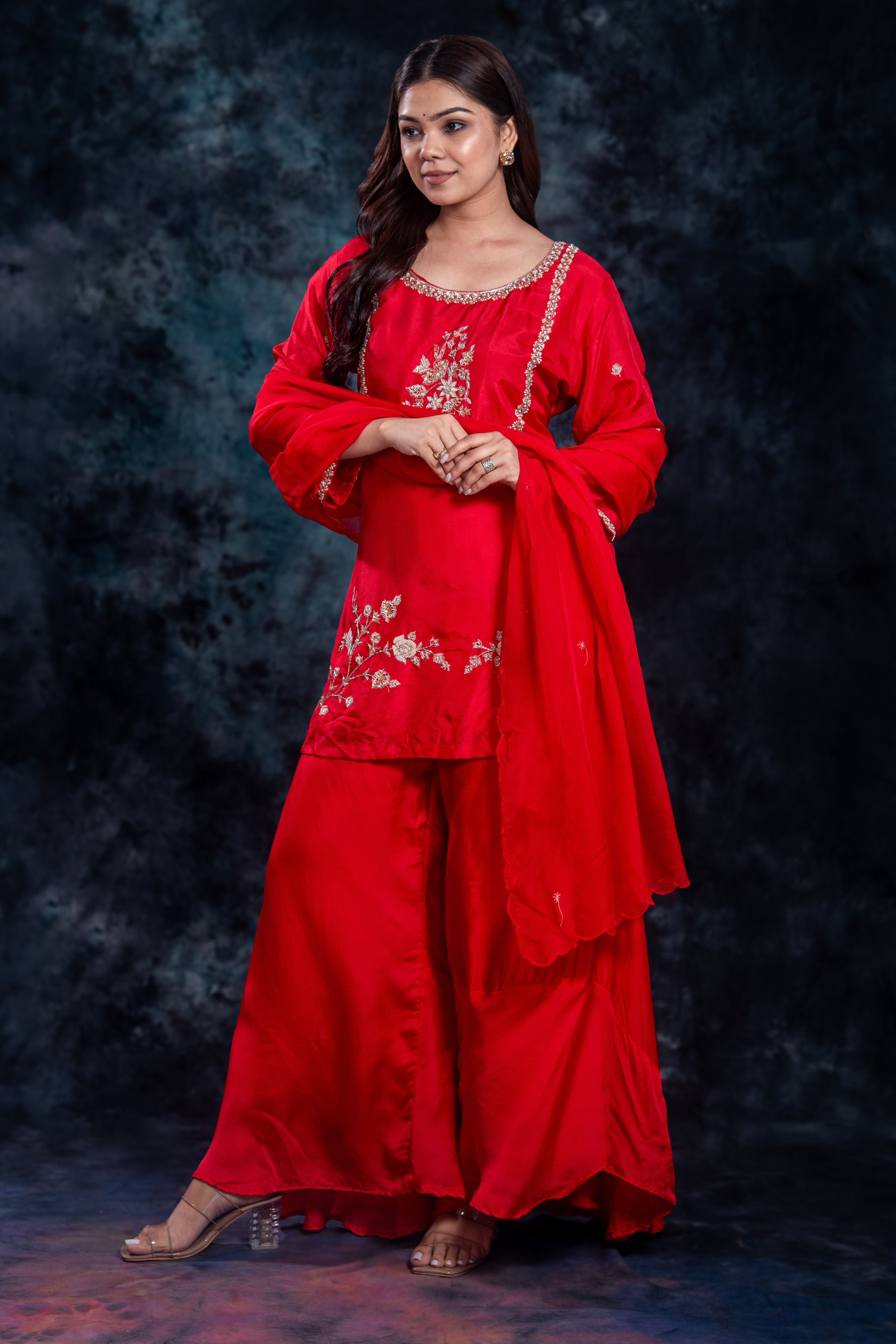Red Embellished Premium Silk Palazzo Set