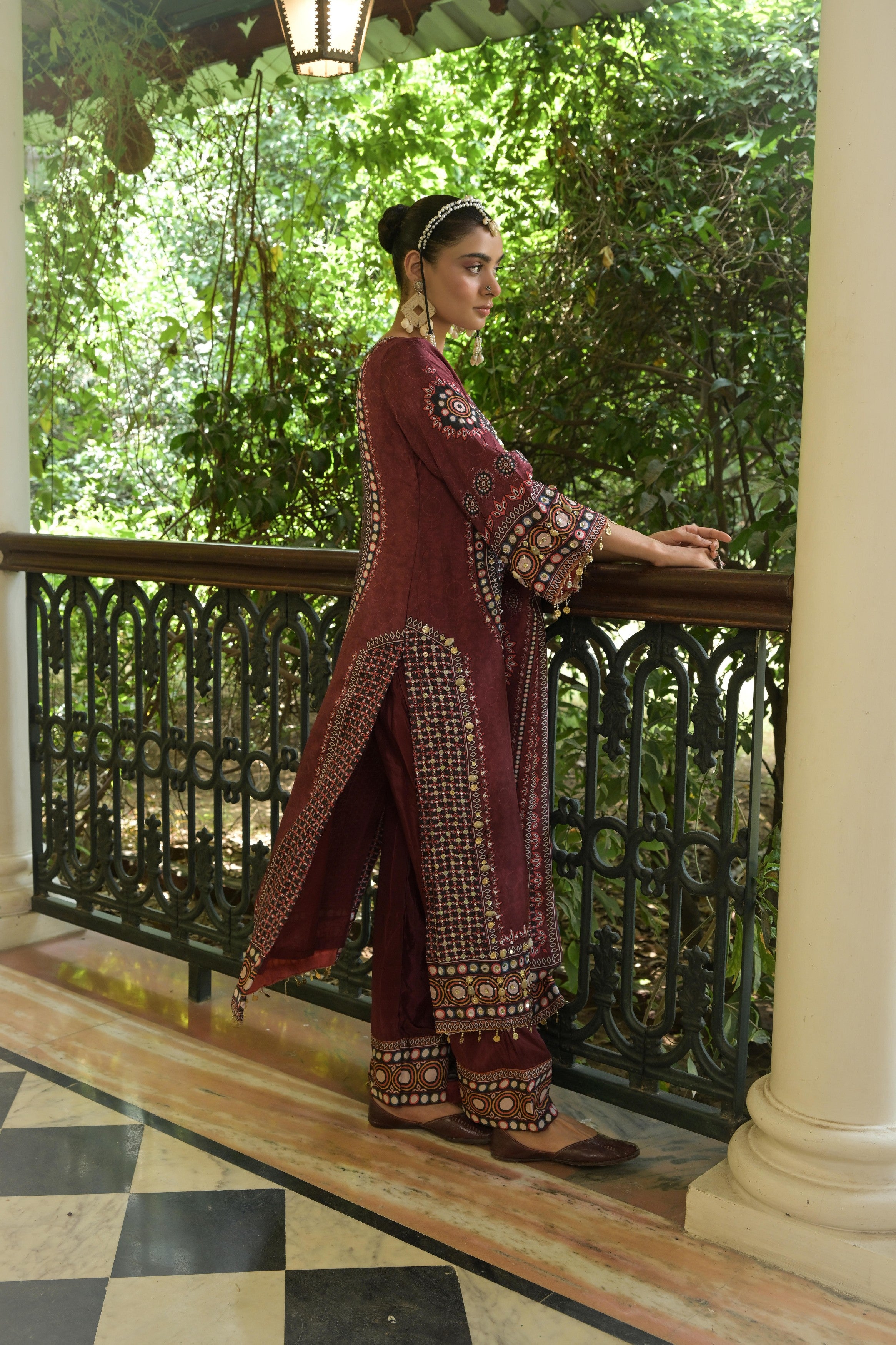 Deep Maroon Printed Crepe Silk Salwar Set