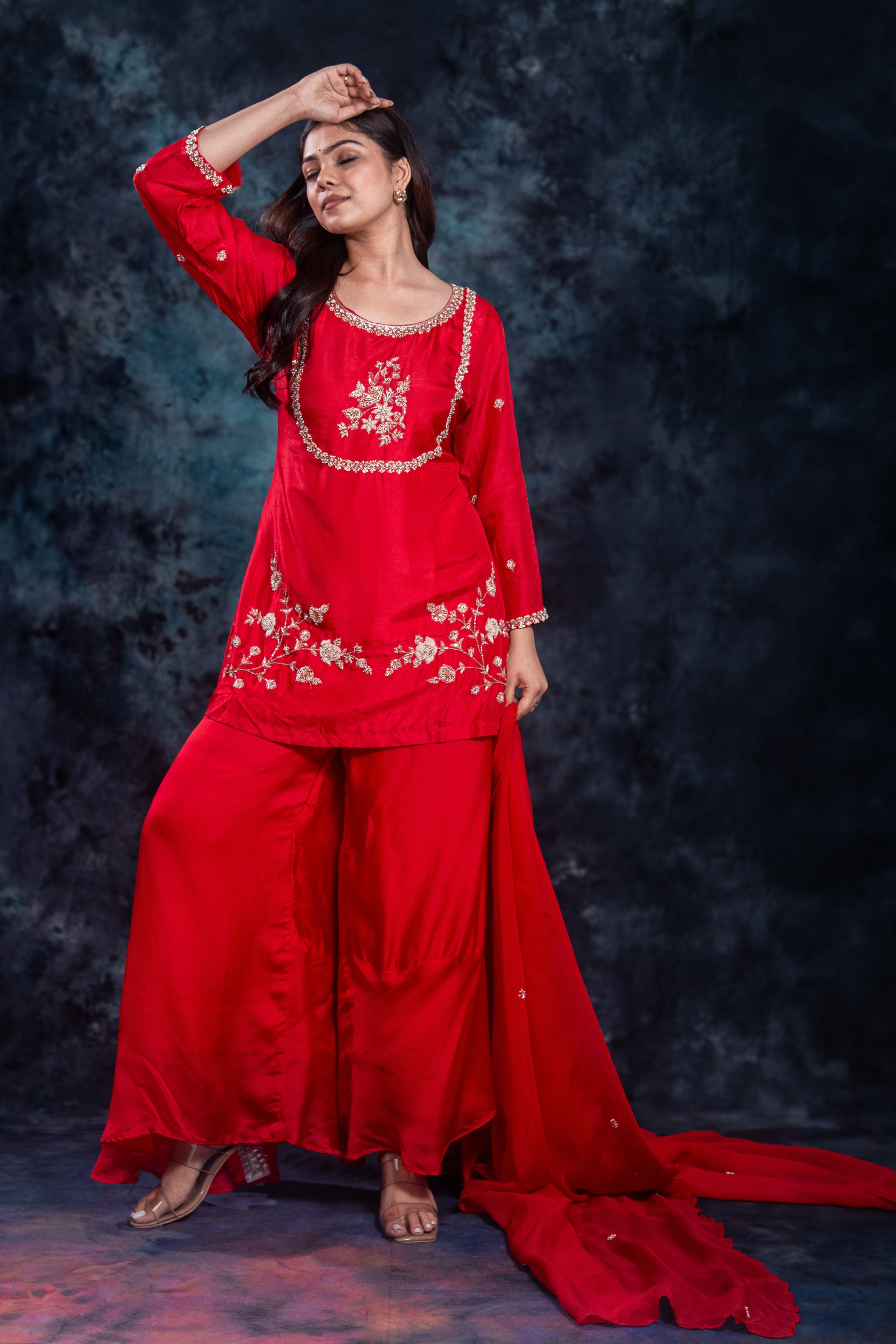 Red Embellished Premium Silk Palazzo Set