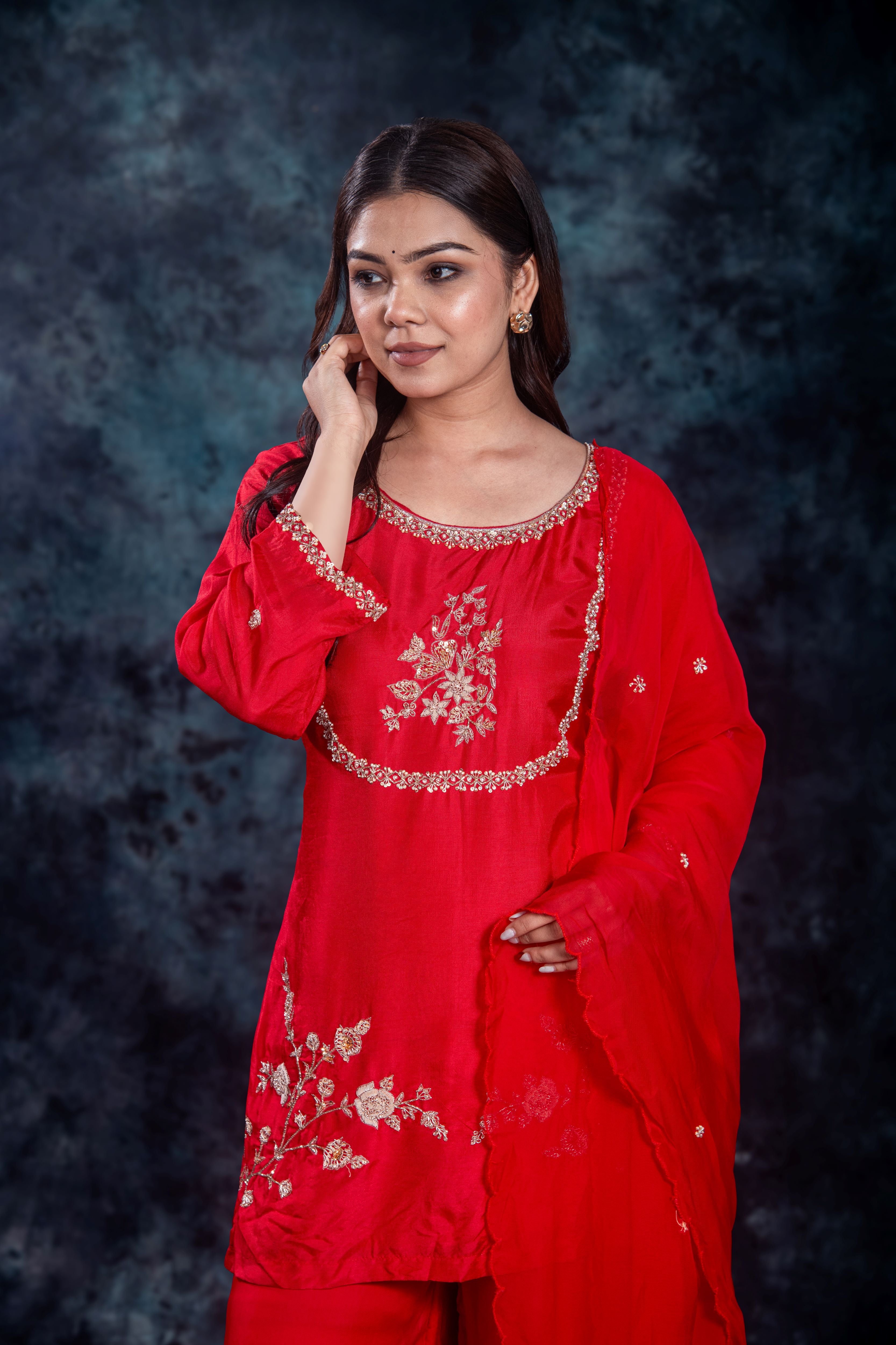 Red Embellished Premium Silk Palazzo Set