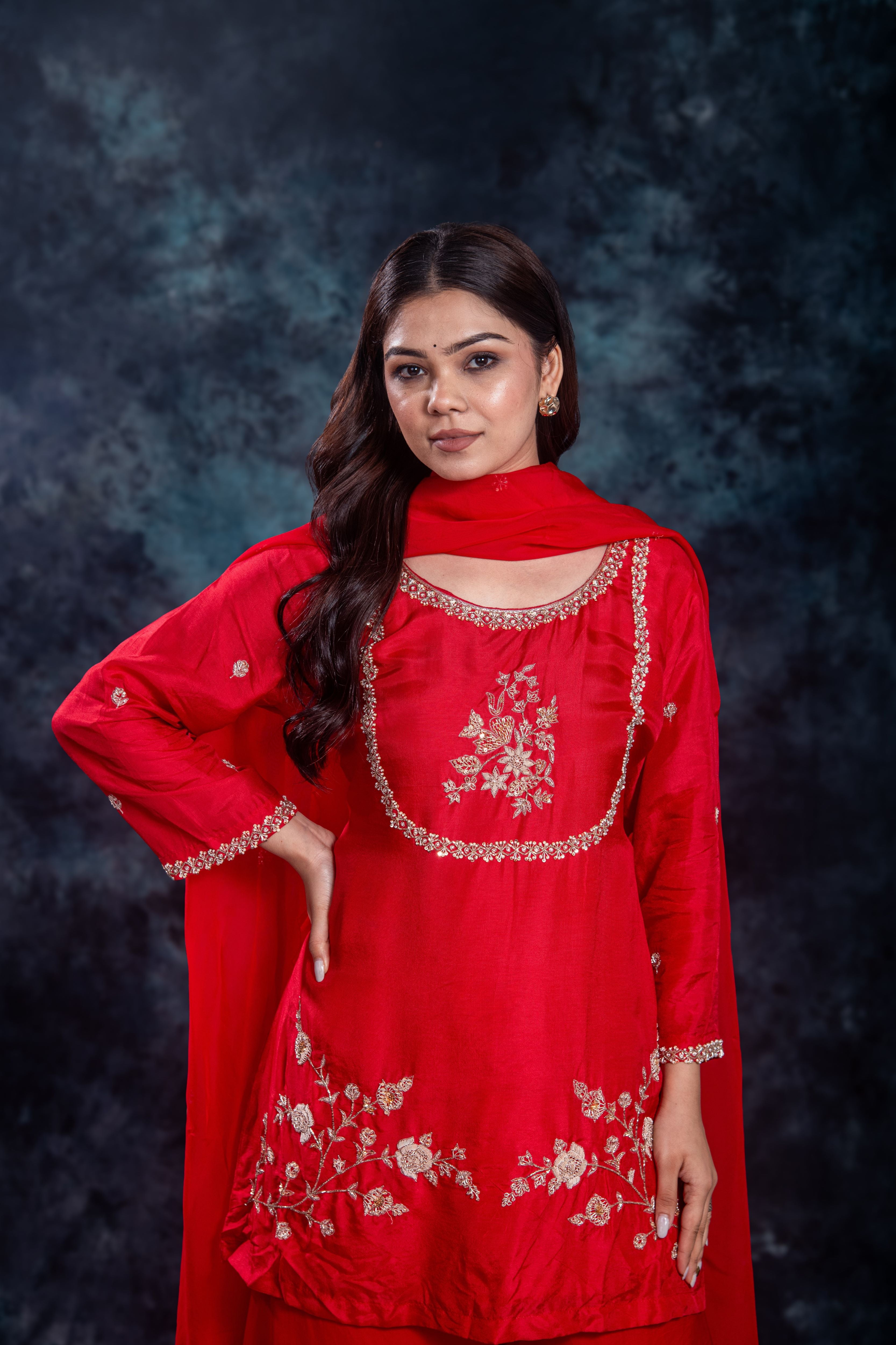 Red Embellished Premium Silk Palazzo Set