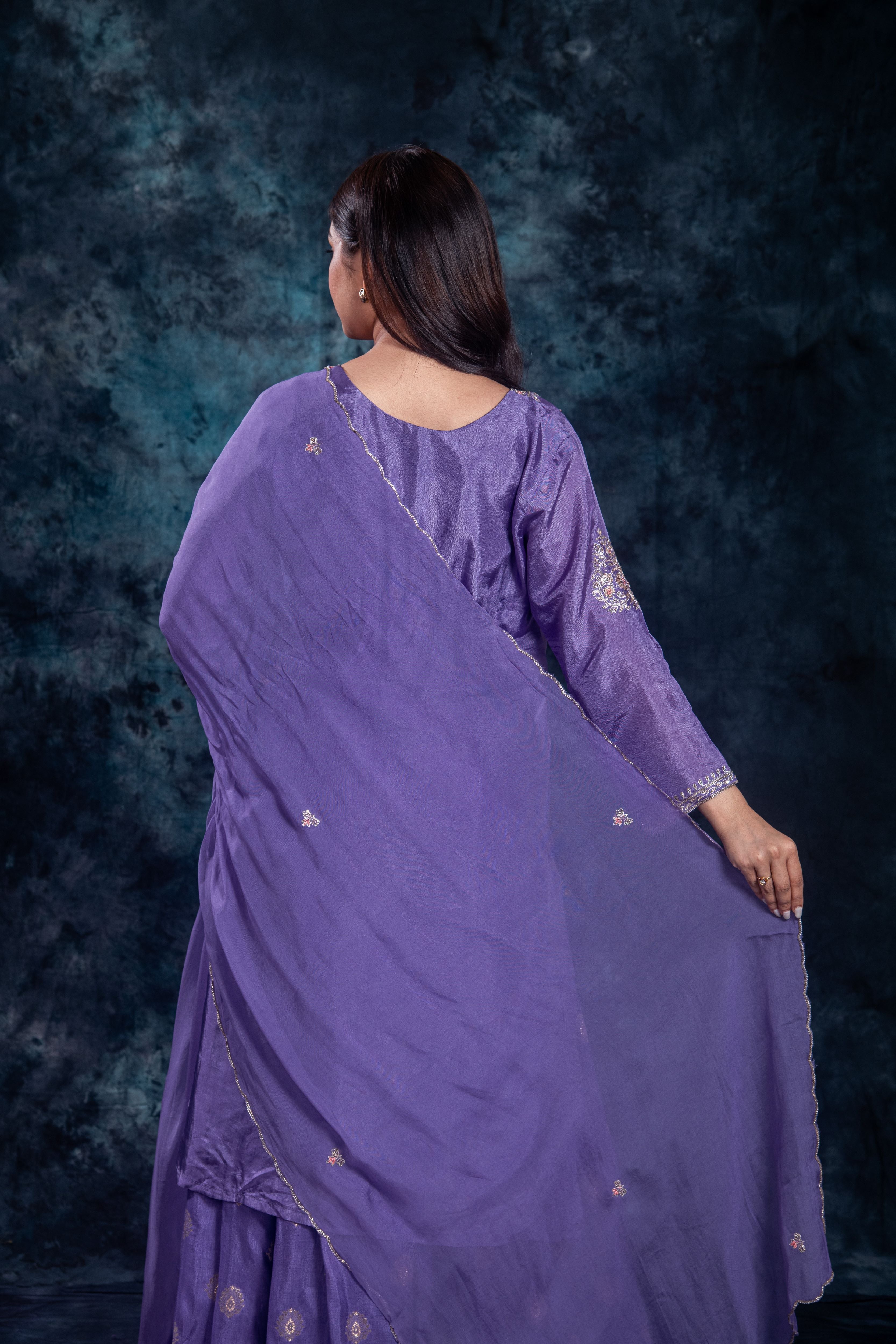 Purple Embellished Premium Silk Skirt Set