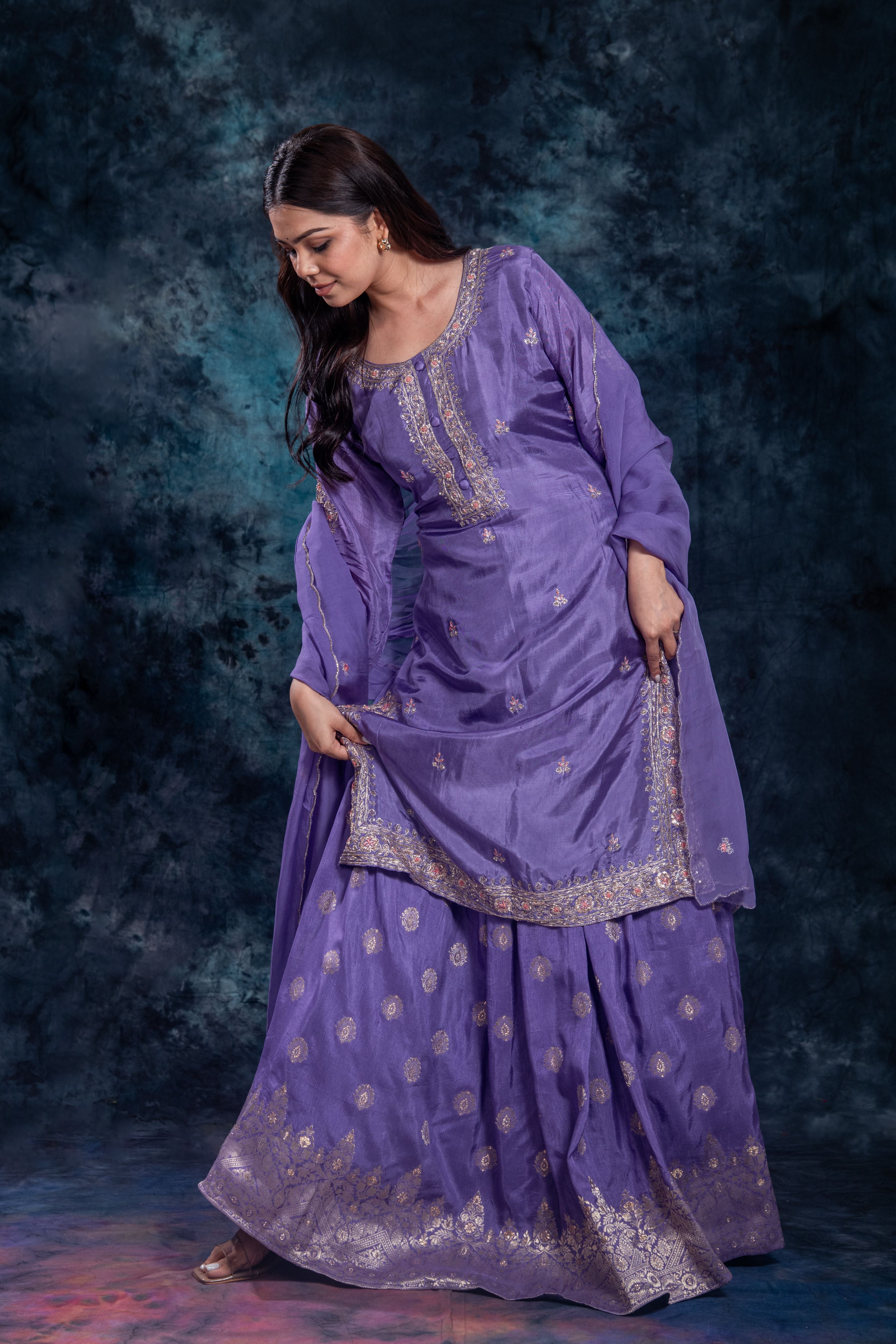 Purple Embellished Premium Silk Skirt Set