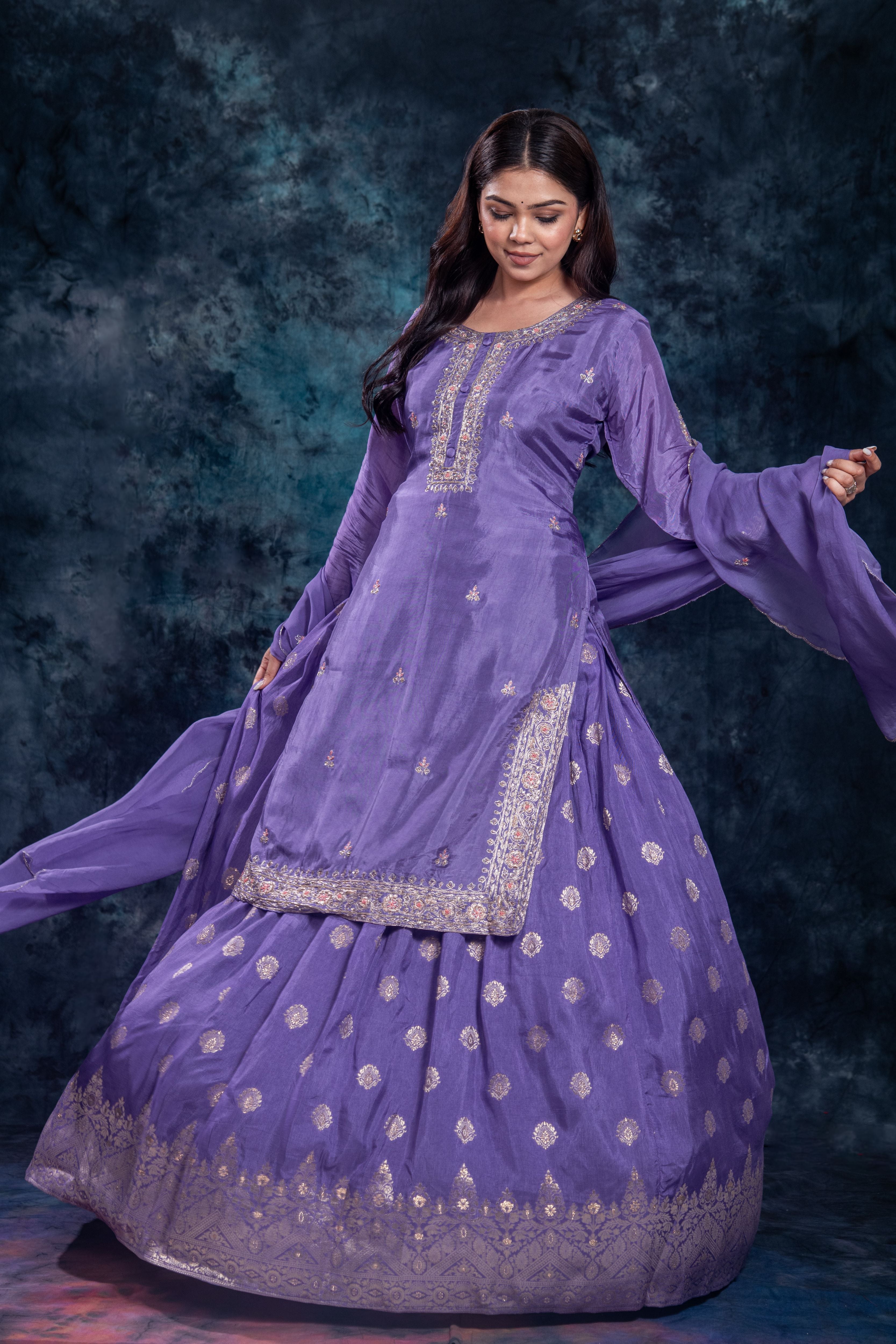 Purple Embellished Premium Silk Skirt Set