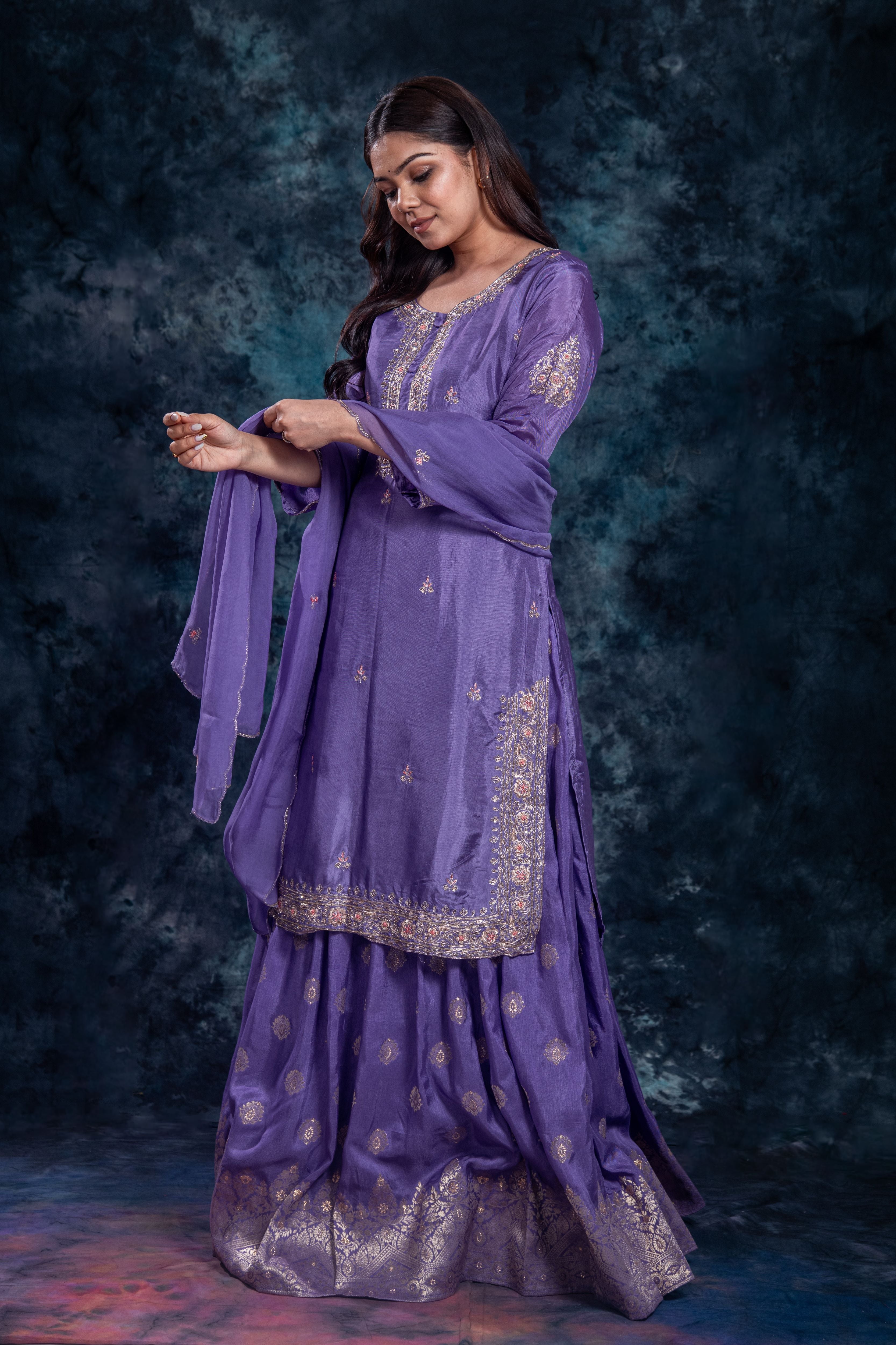 Purple Embellished Premium Silk Skirt Set