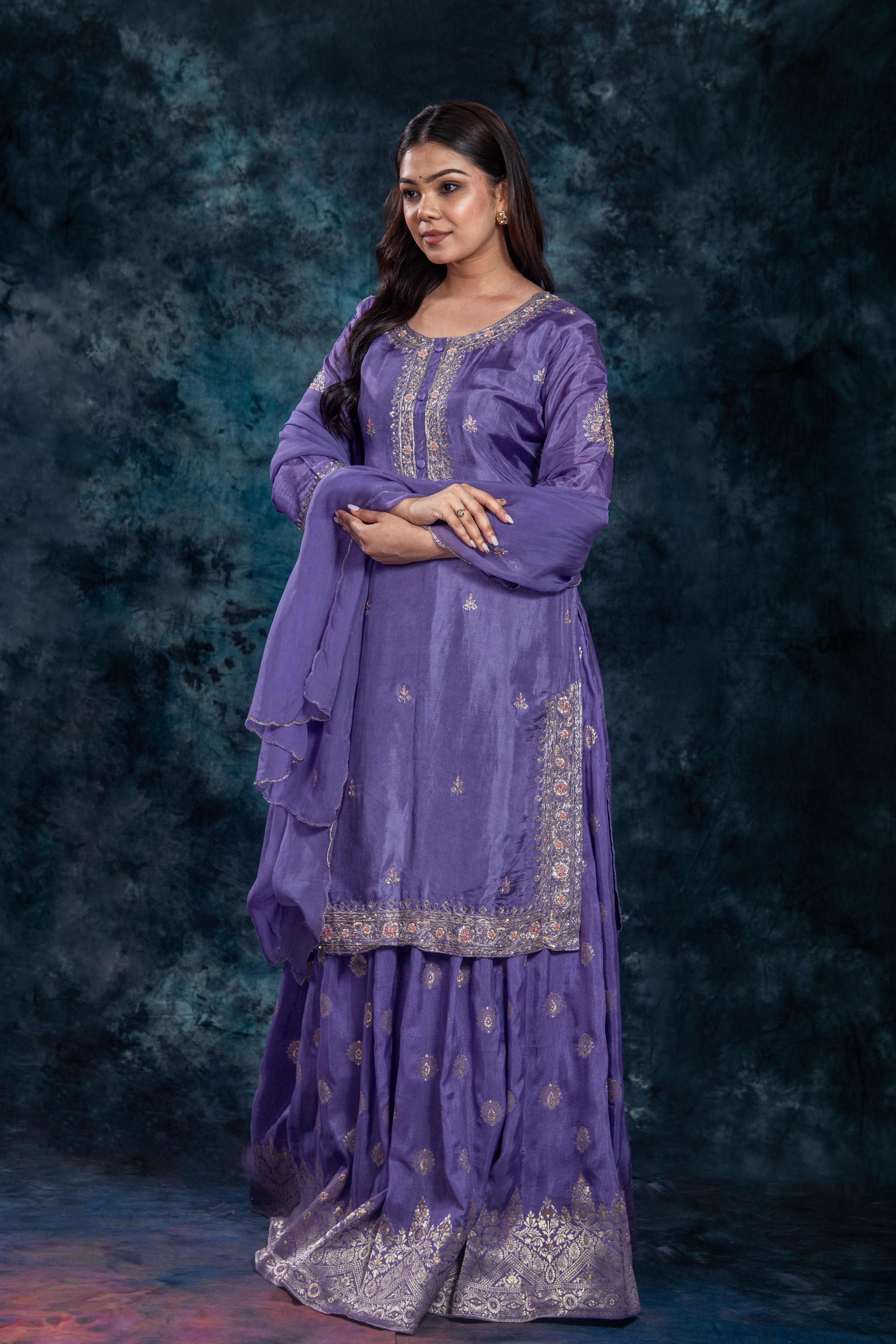 Purple Embellished Premium Silk Skirt Set