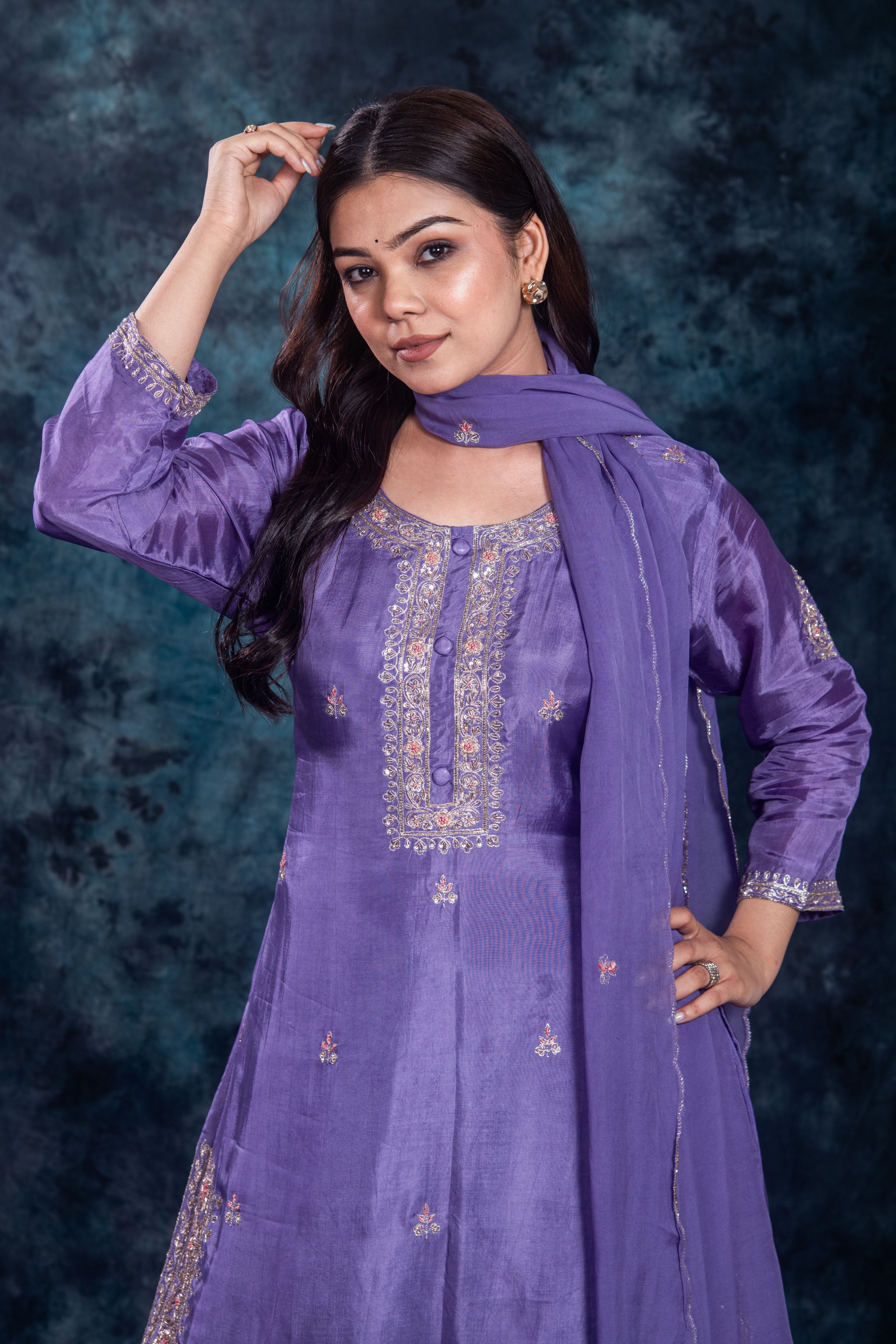 Purple Embellished Premium Silk Skirt Set