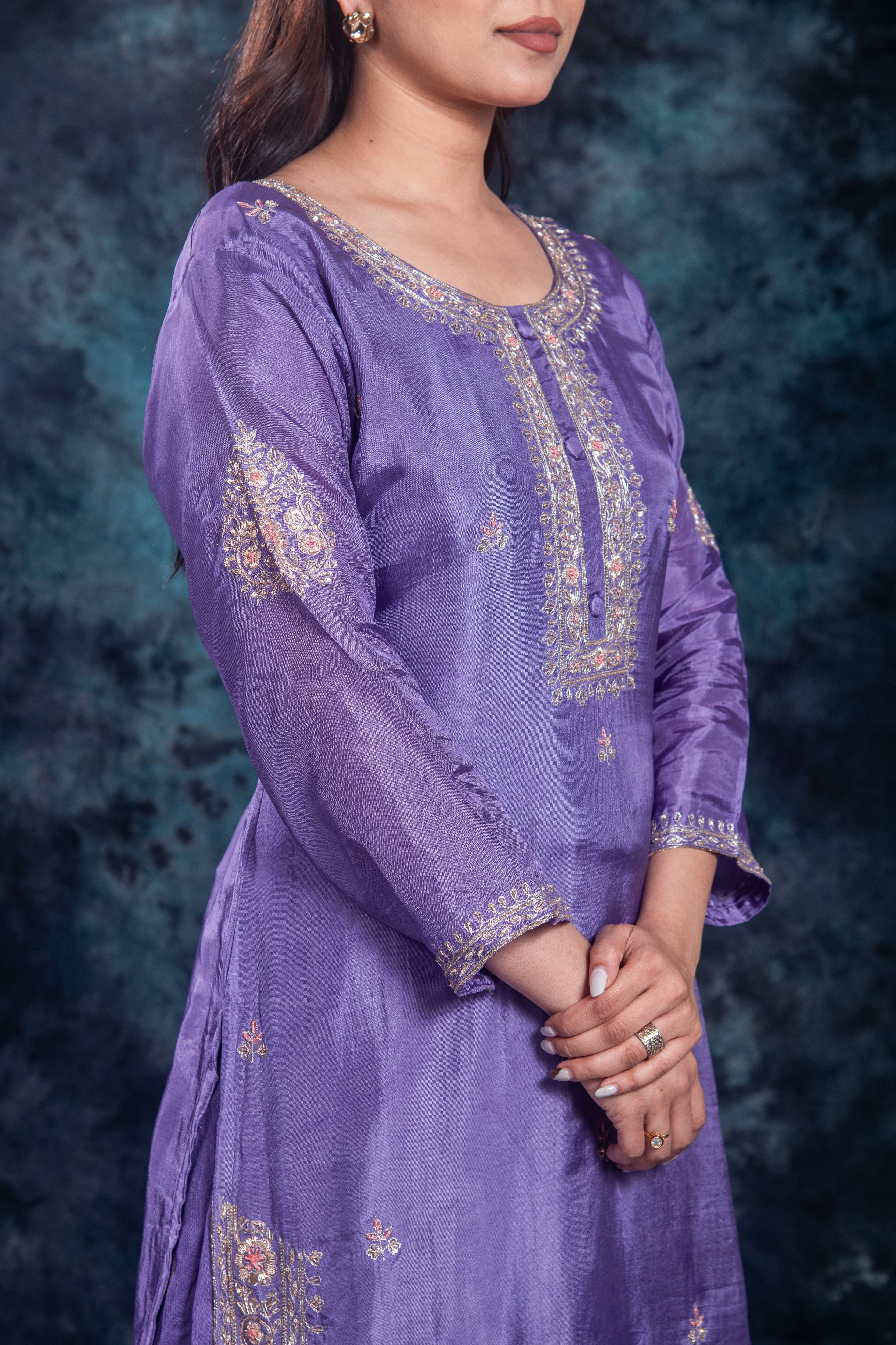 Purple Embellished Premium Silk Skirt Set