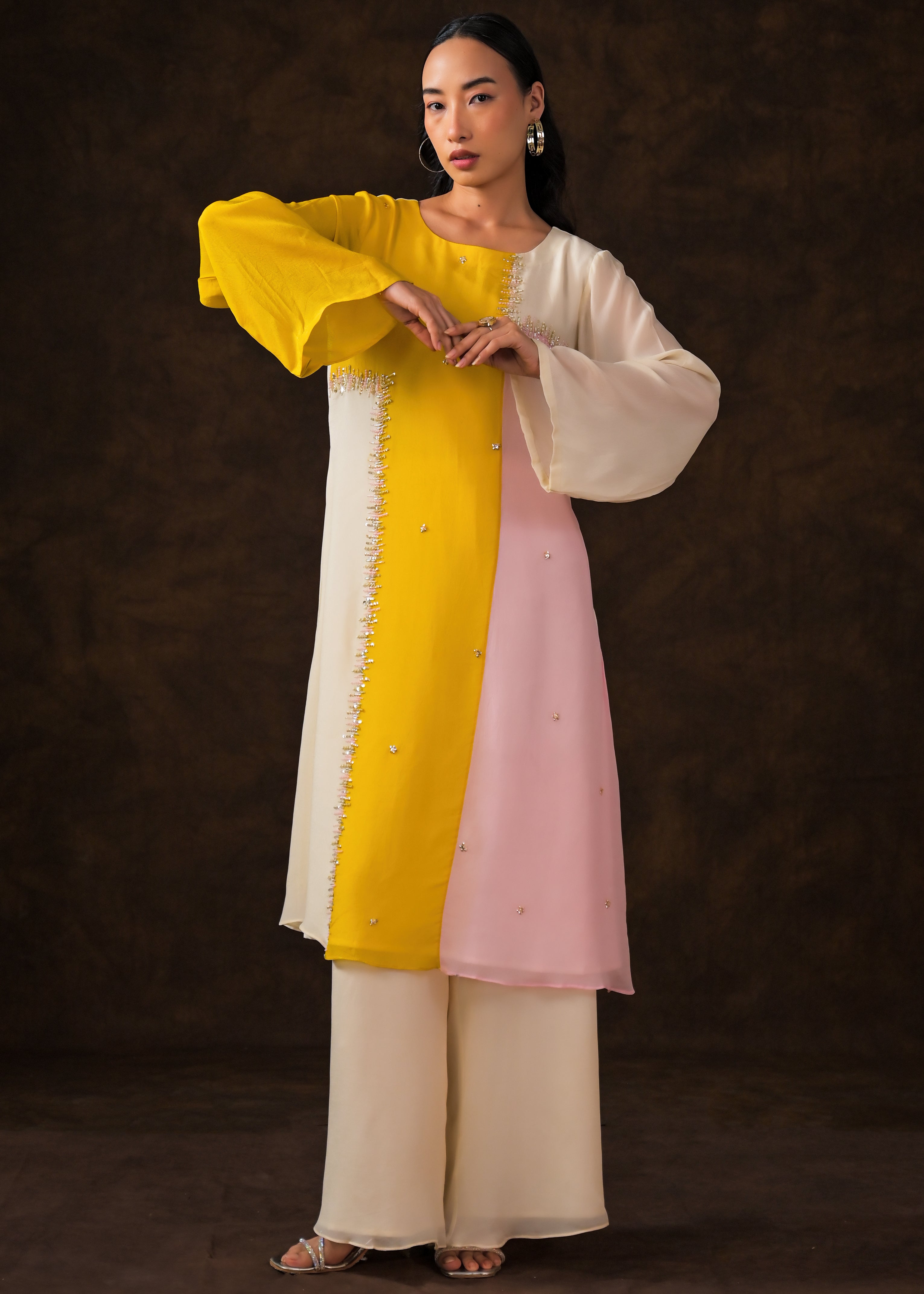 Soft Ivory Embellished Chinon Silk Palazzo Set