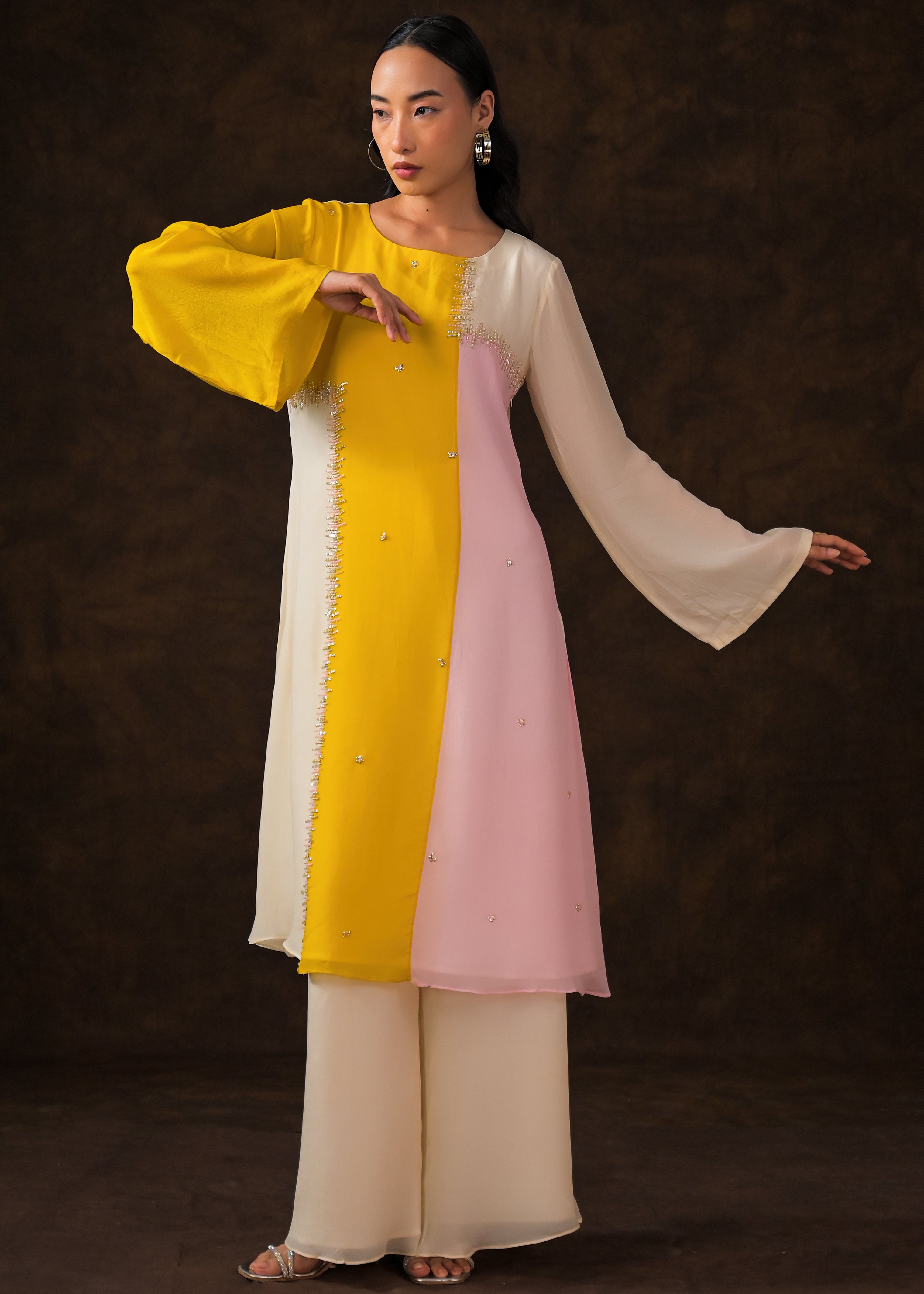 Soft Ivory Embellished Chinon Silk Palazzo Set