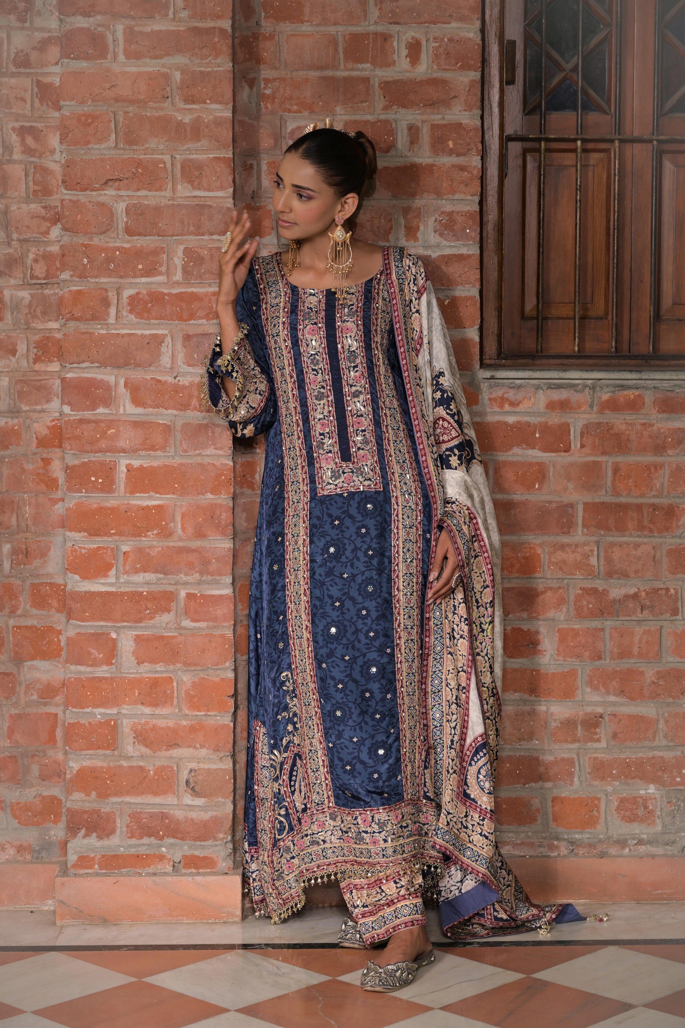 Rich Navy Embellished Crepe Silk Pant Set