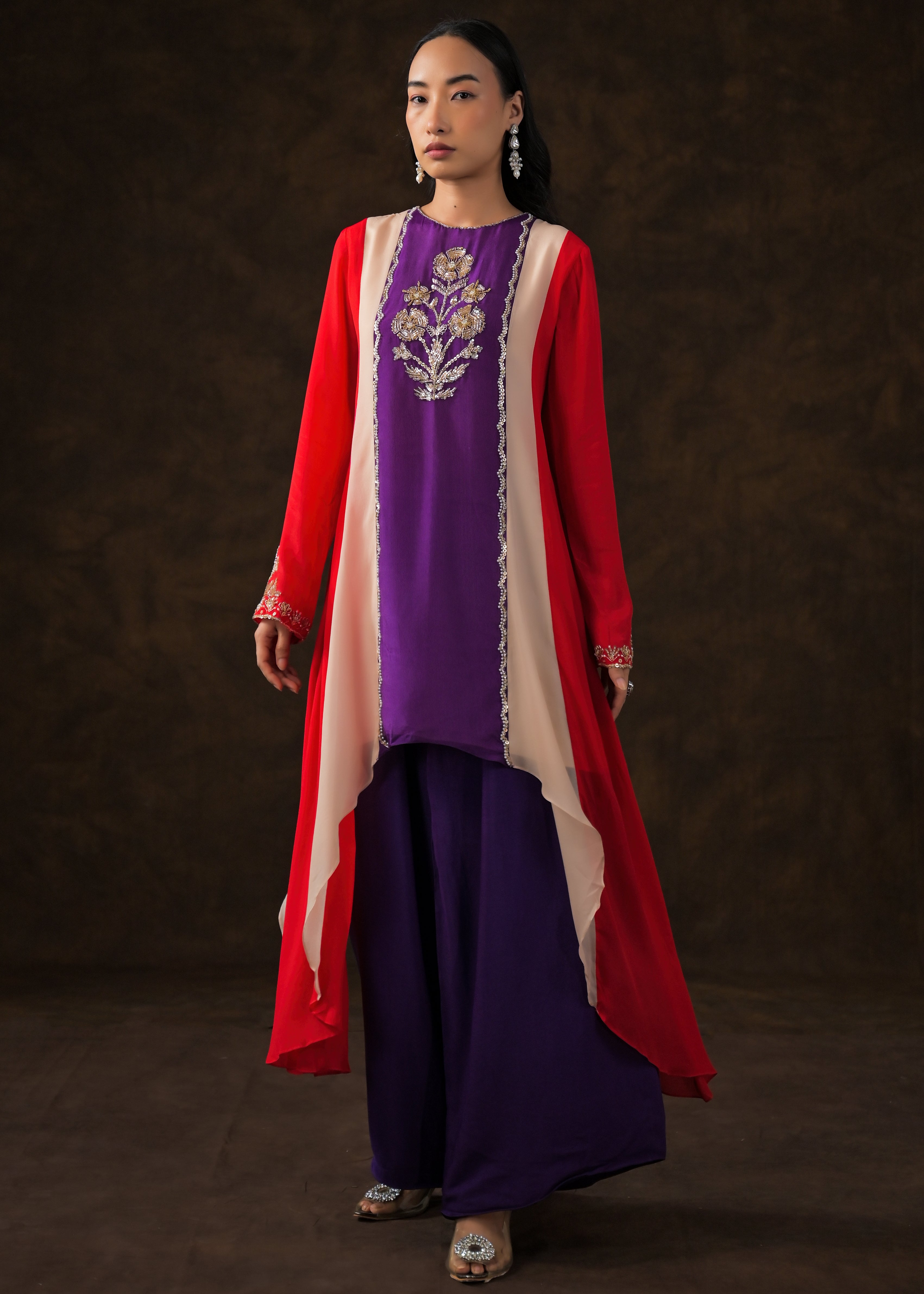 Multi-Color Embellished Chinon Silk Palazzo Set