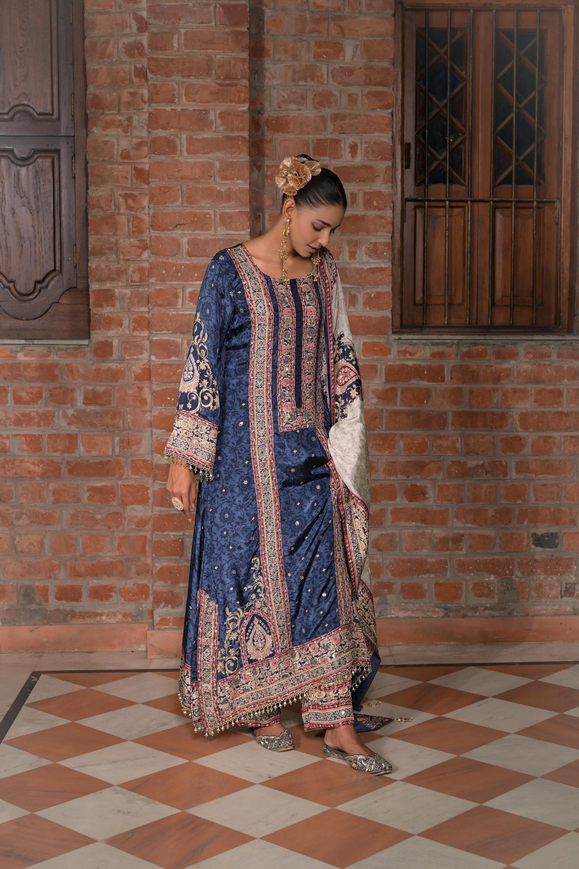 Rich Navy Embellished Crepe Silk Pant Set