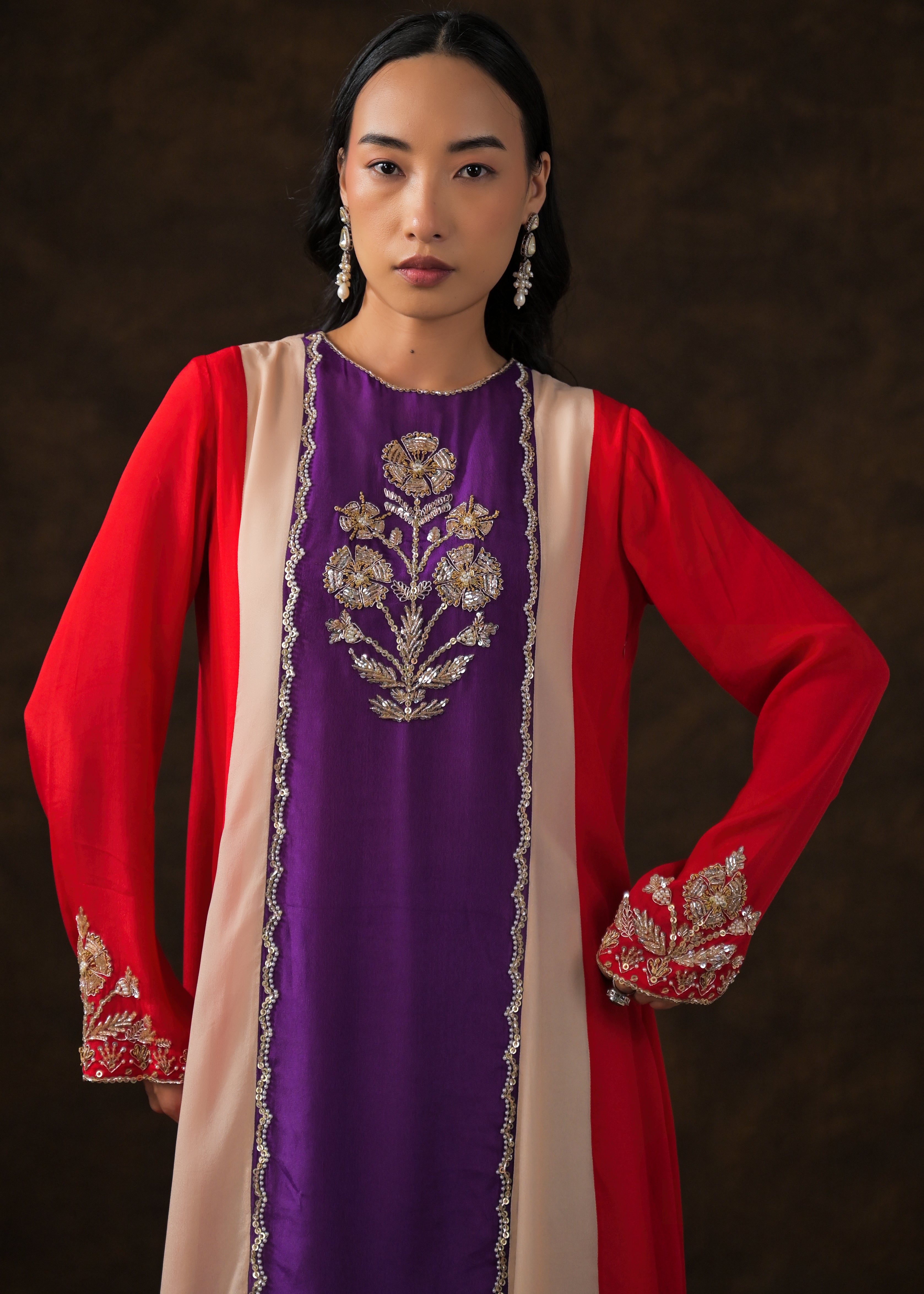 Multi-Color Embellished Chinon Silk Palazzo Set