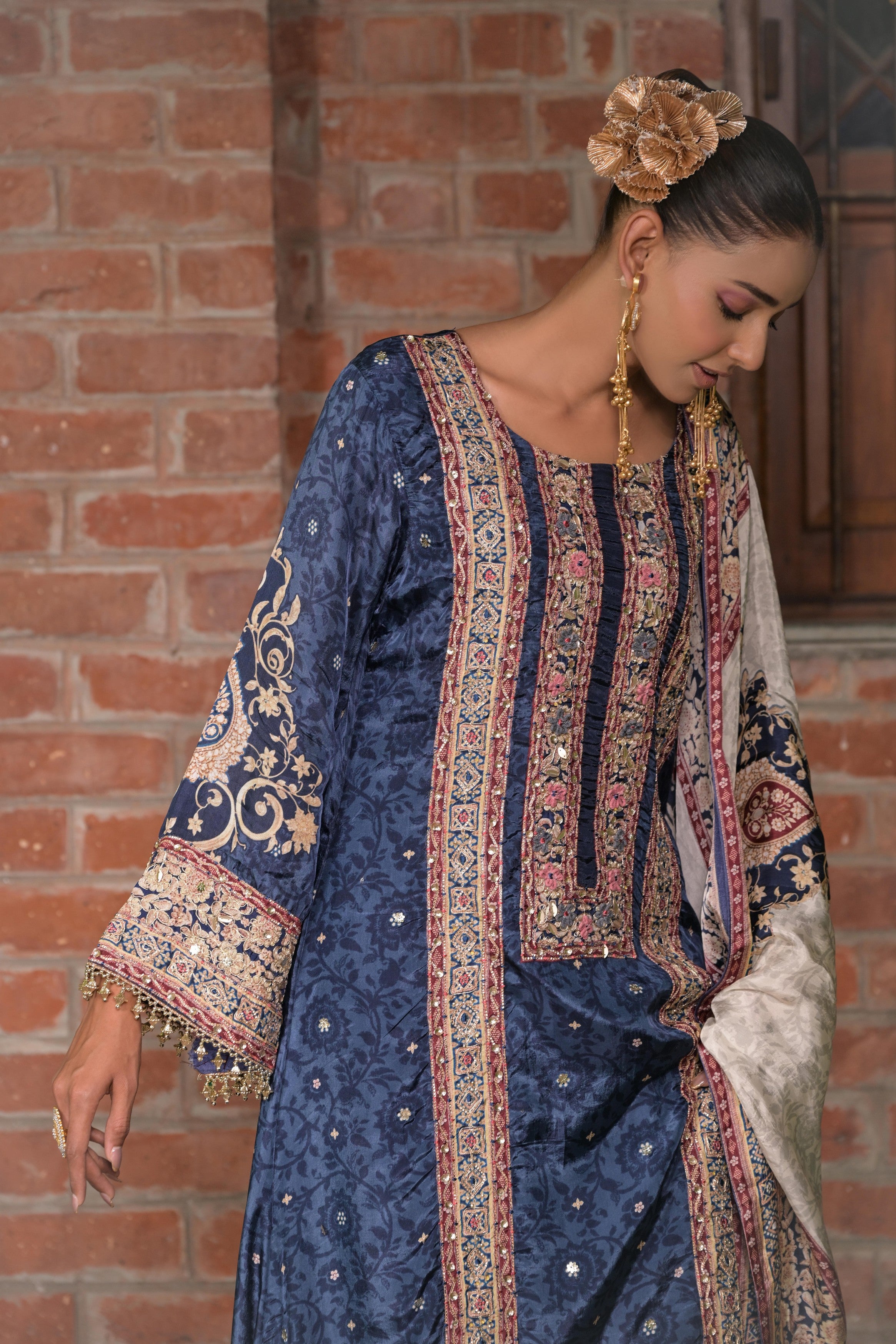 Rich Navy Embellished Crepe Silk Pant Set