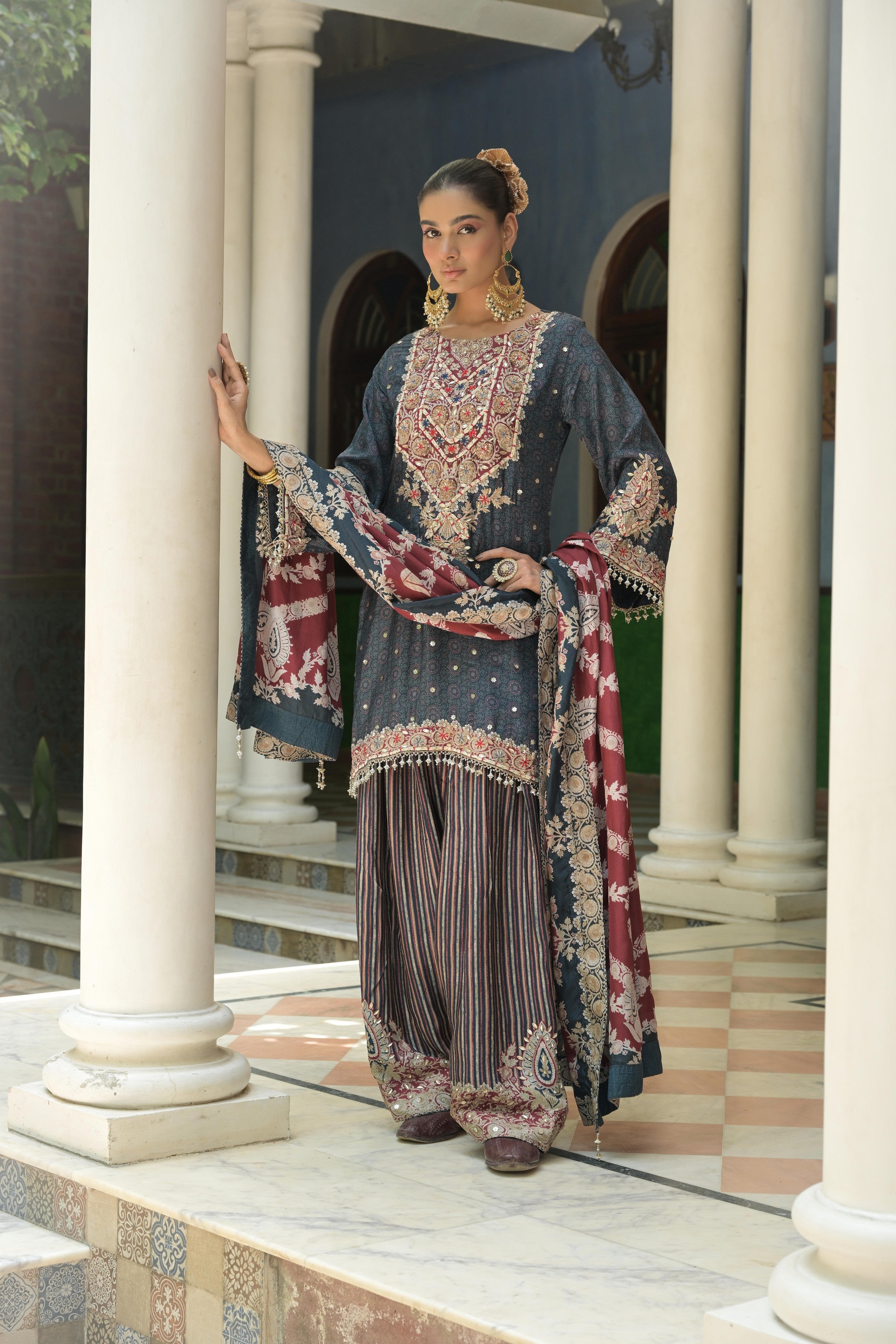 Dark Slate Embellished Crepe Silk Sharara Set