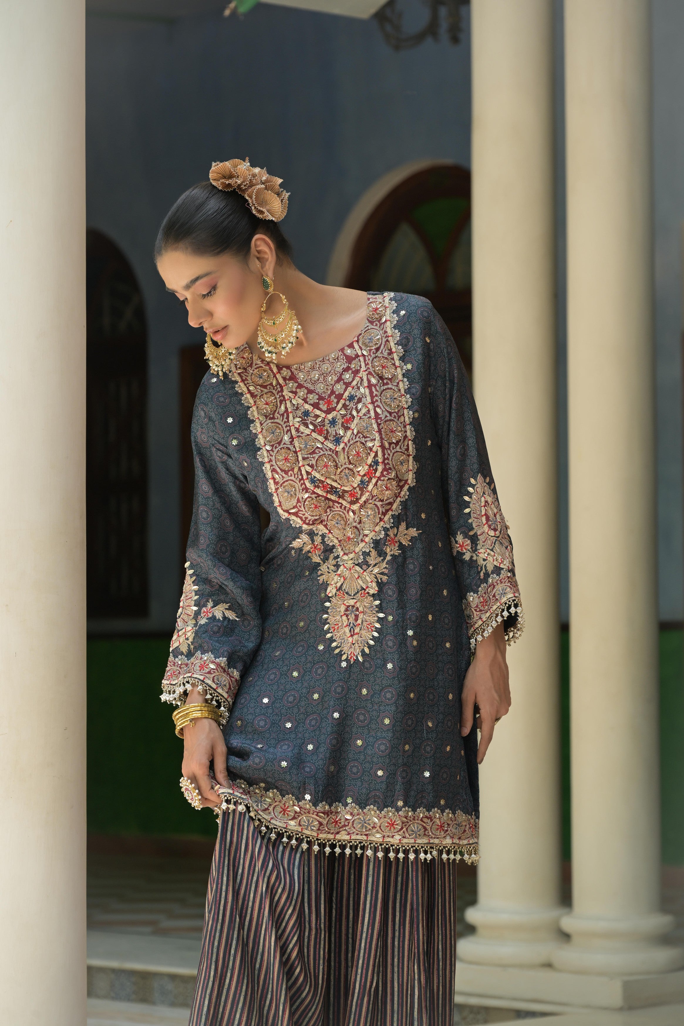 Dark Slate Embellished Crepe Silk Sharara Set