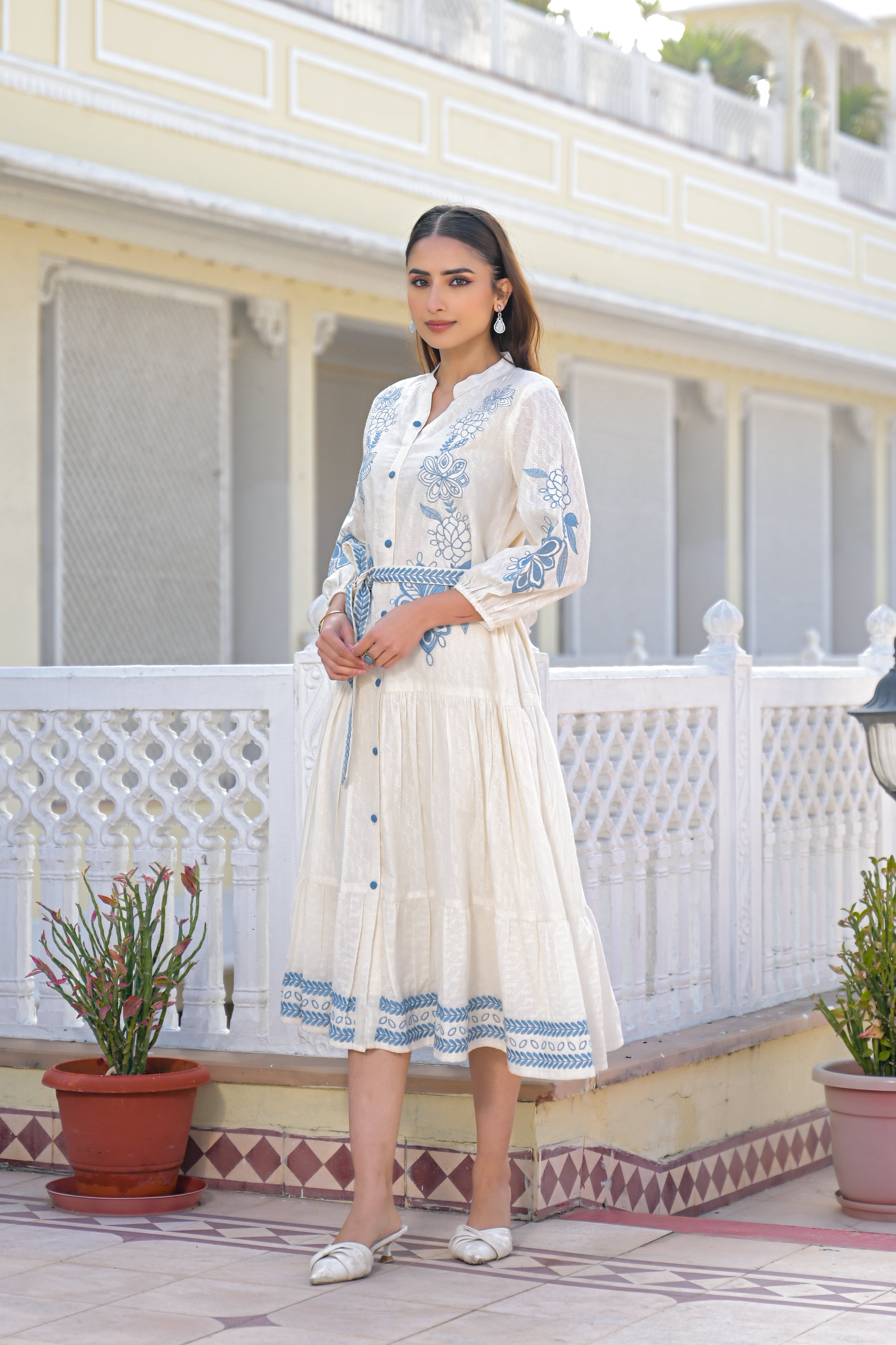 Blue Willow Embroidered Cotton Dress
