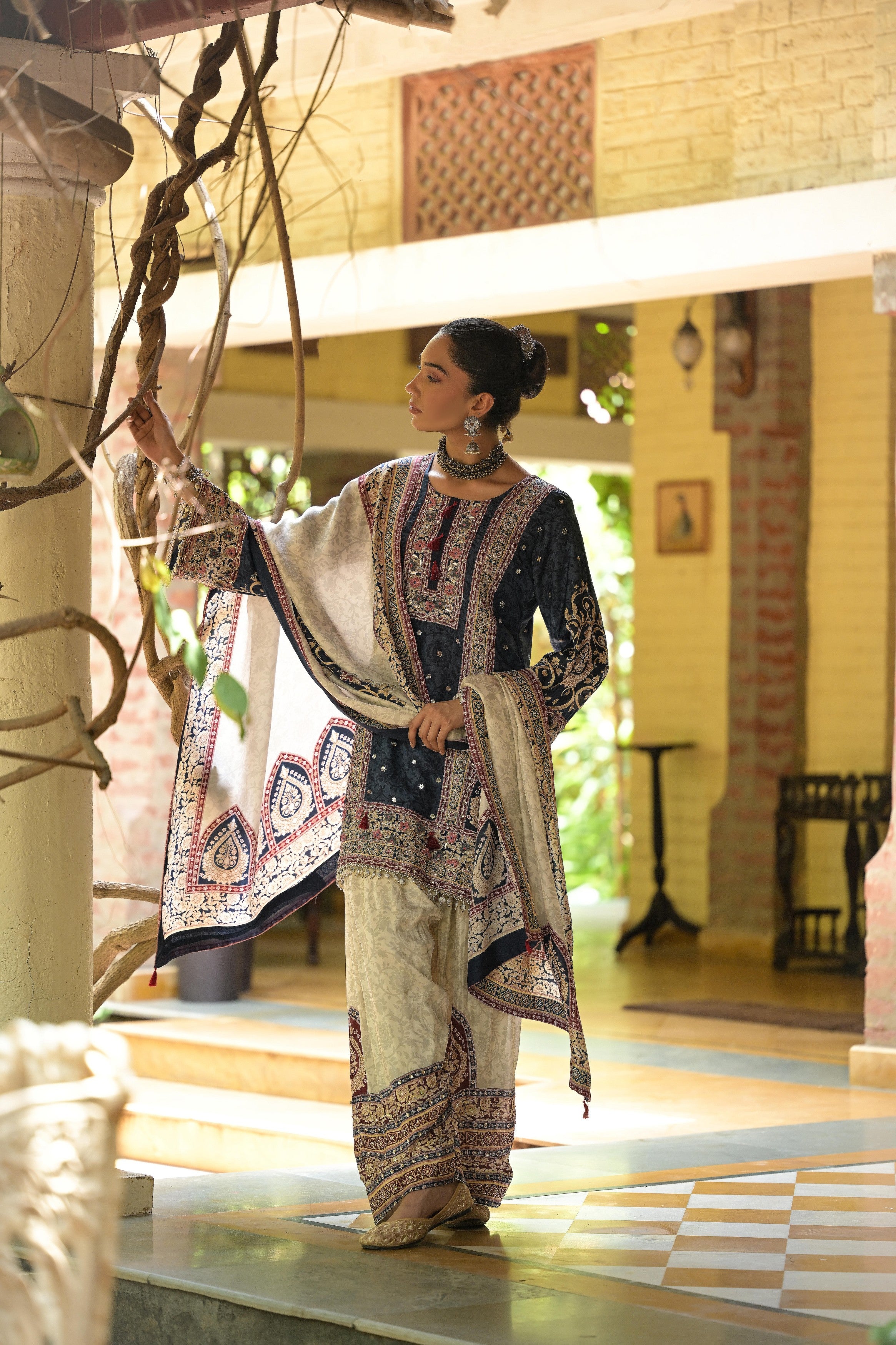 Navy Blue & Ivory Embellished Crepe Silk Salwar Set